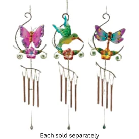 39" Metal & Glass Windchime in Butterfly, Hummingbird, or Dragonfly