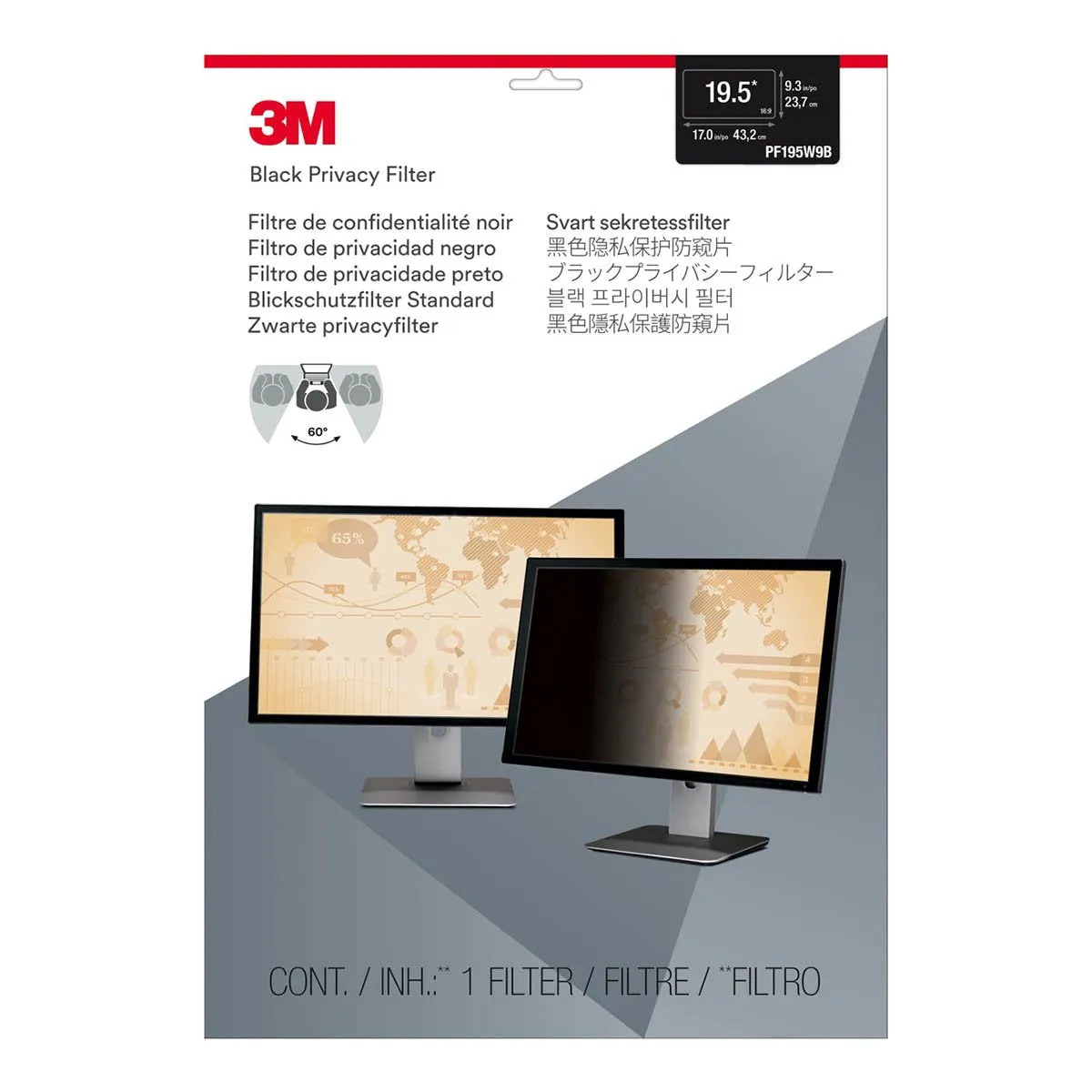 3M PF195W9B Privacy Filter (433 mm X 237 mm) 0826