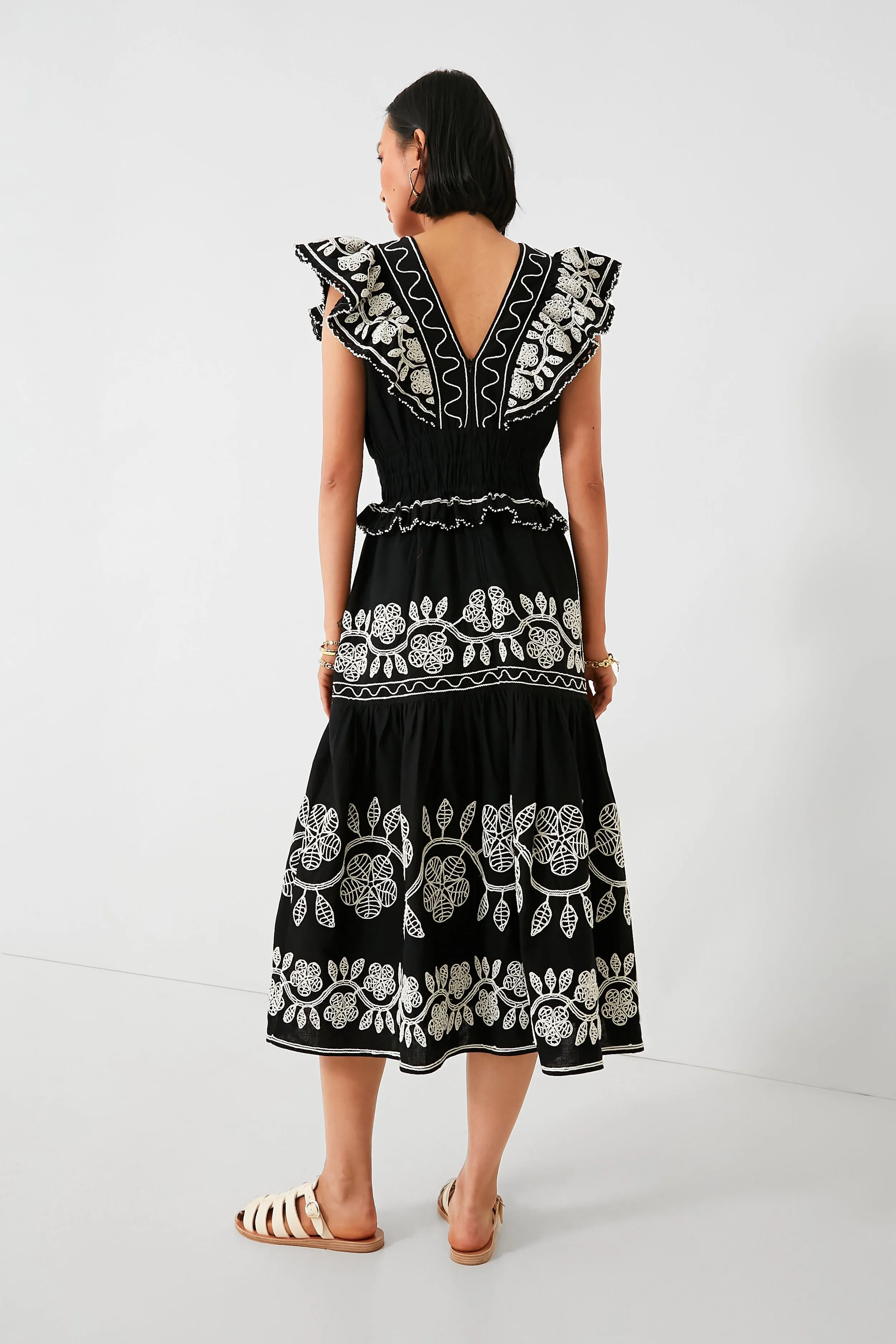 Black Beck Embroidery Flutter Sleeve V-Neck Dress