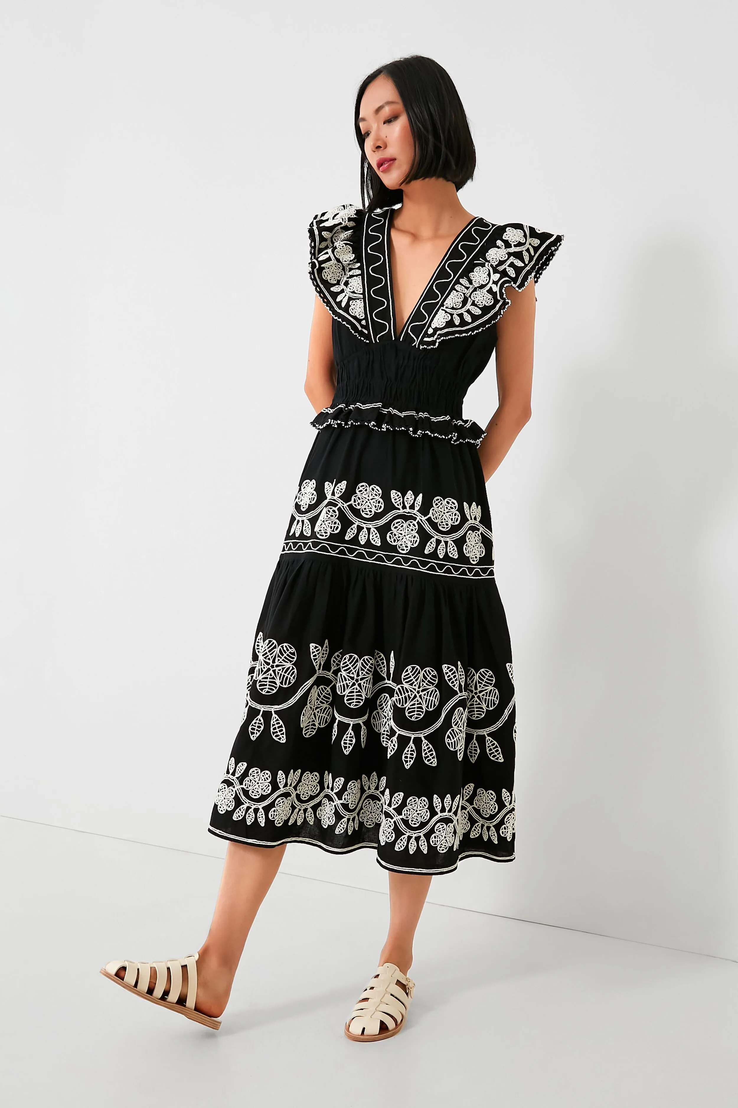 Black Beck Embroidery Flutter Sleeve V-Neck Dress