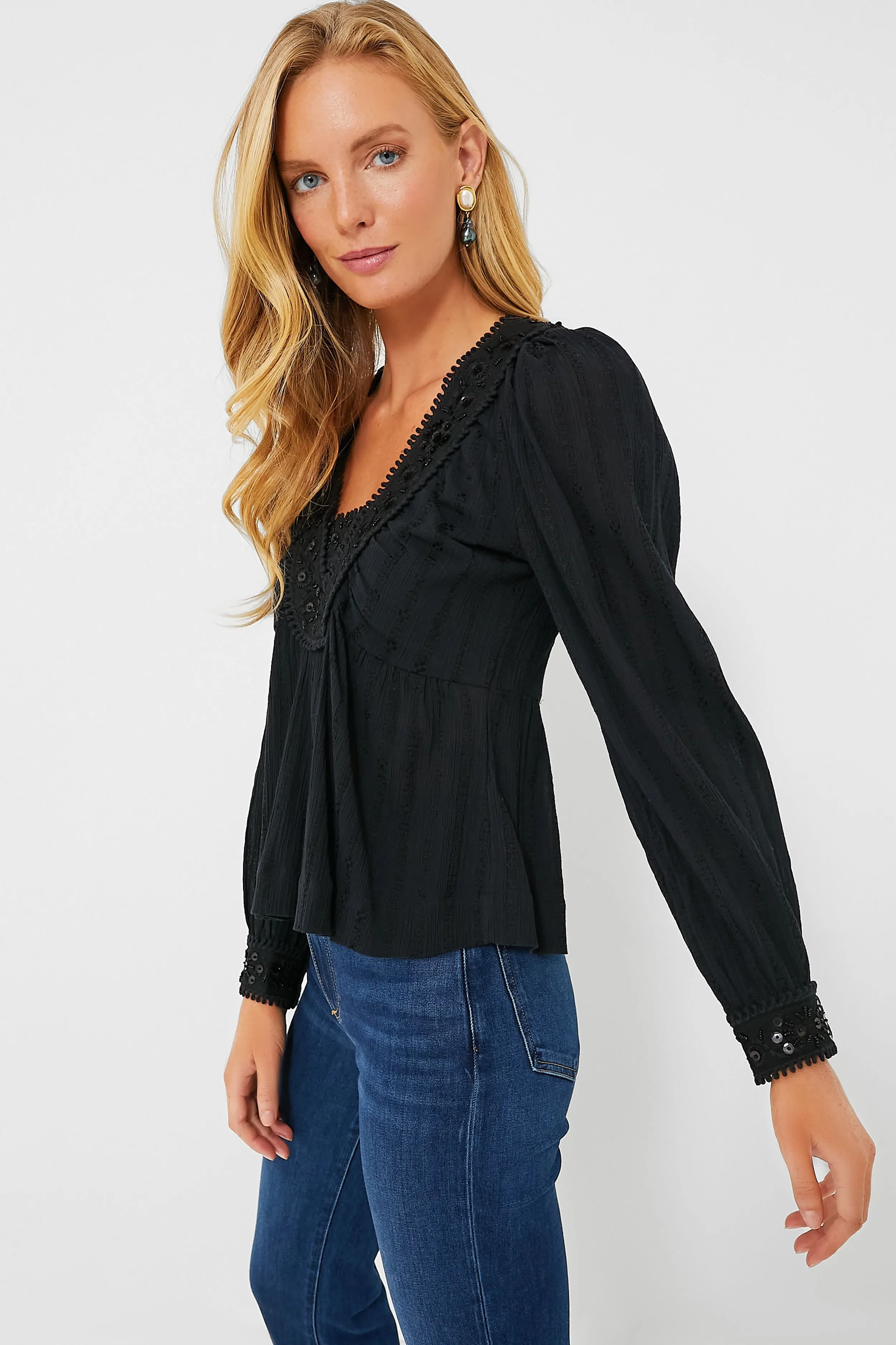 Black Charlotte Embroidery Long Sleeve Top