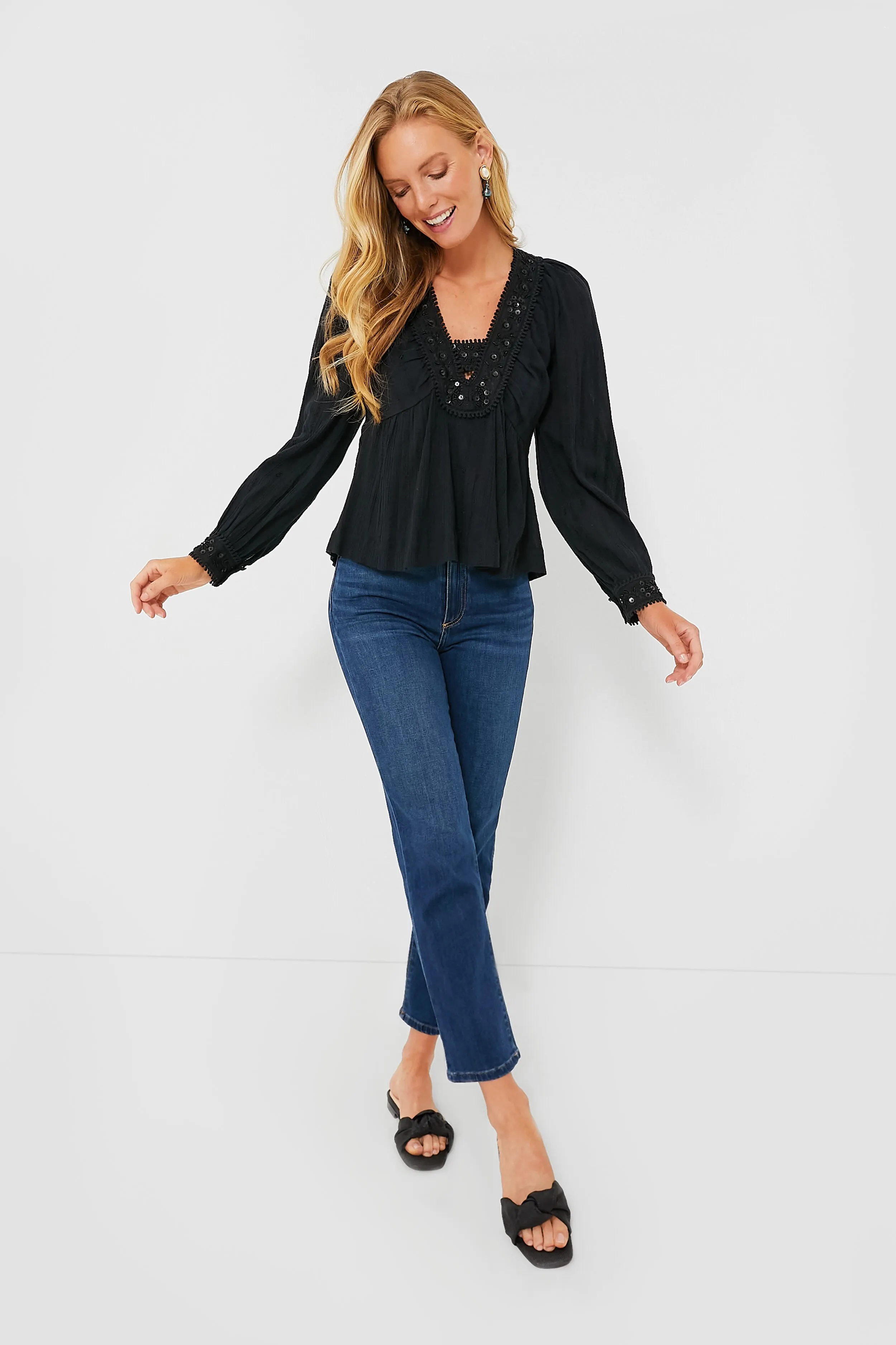 Black Charlotte Embroidery Long Sleeve Top