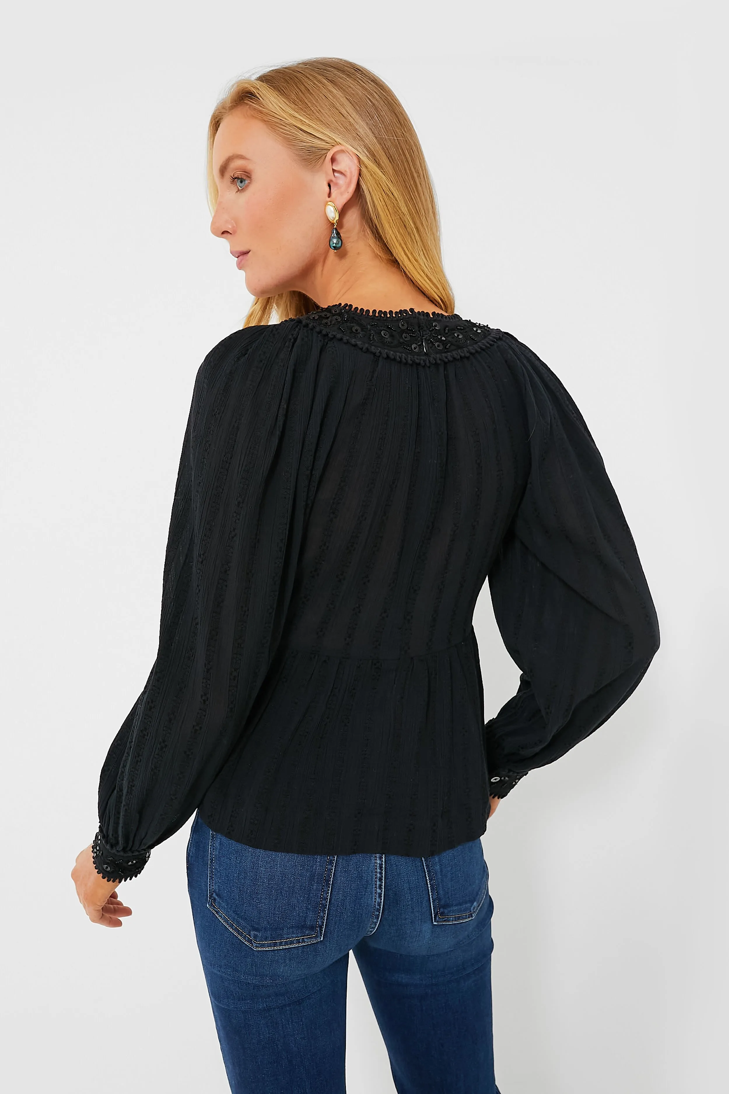 Black Charlotte Embroidery Long Sleeve Top