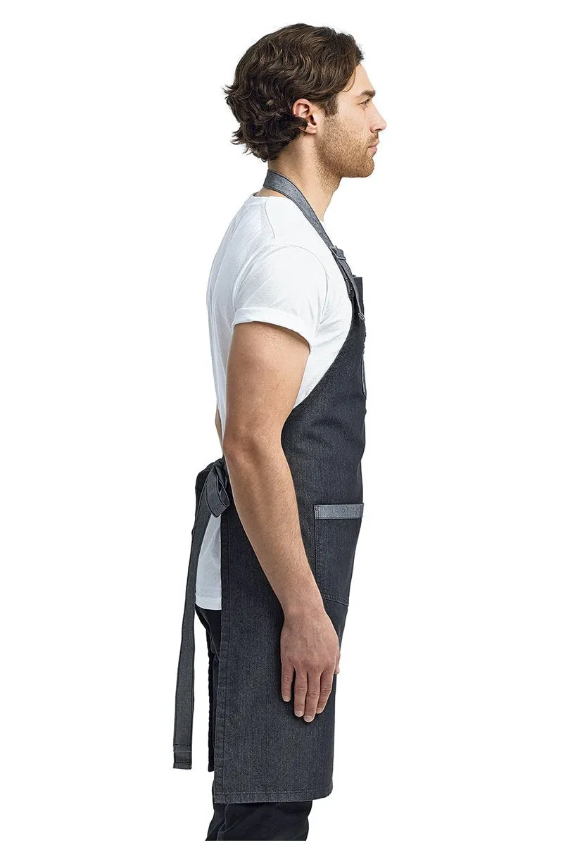 Black Contrast Denim Bib Adjustable Apron (2 Pocket)