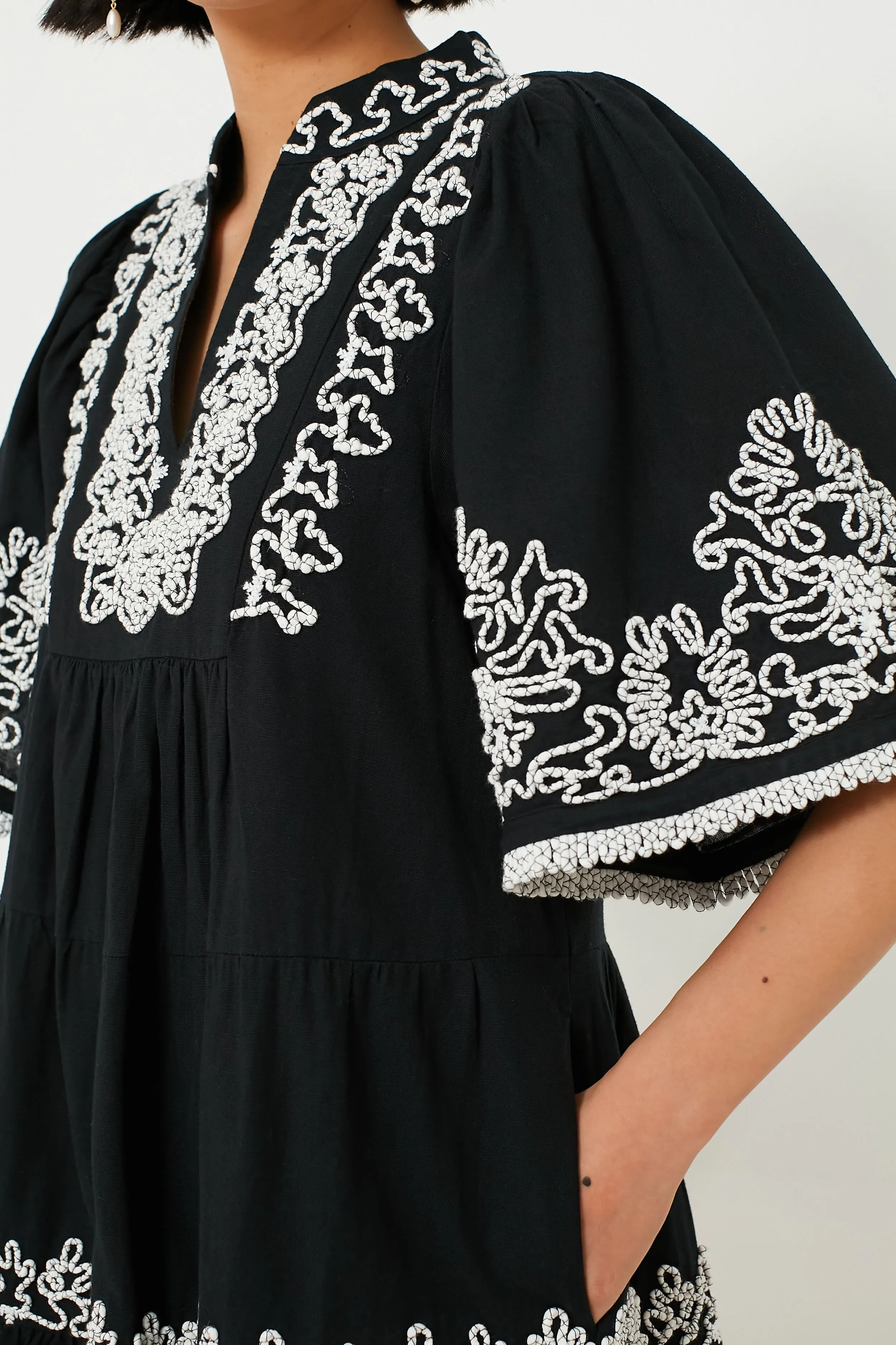 Black Cordera Embroidery Short Sleeve Tiered Dress