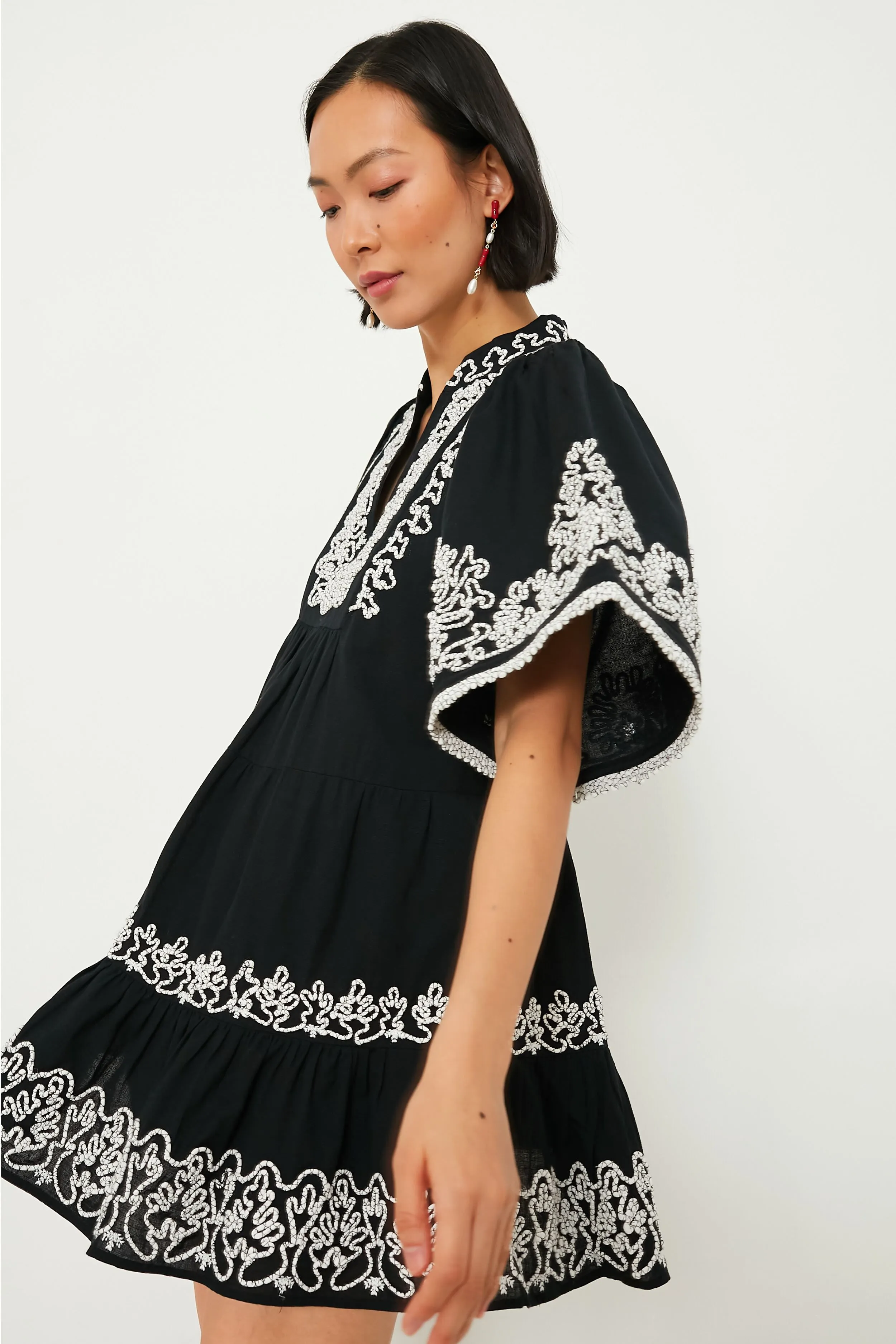 Black Cordera Embroidery Short Sleeve Tiered Dress