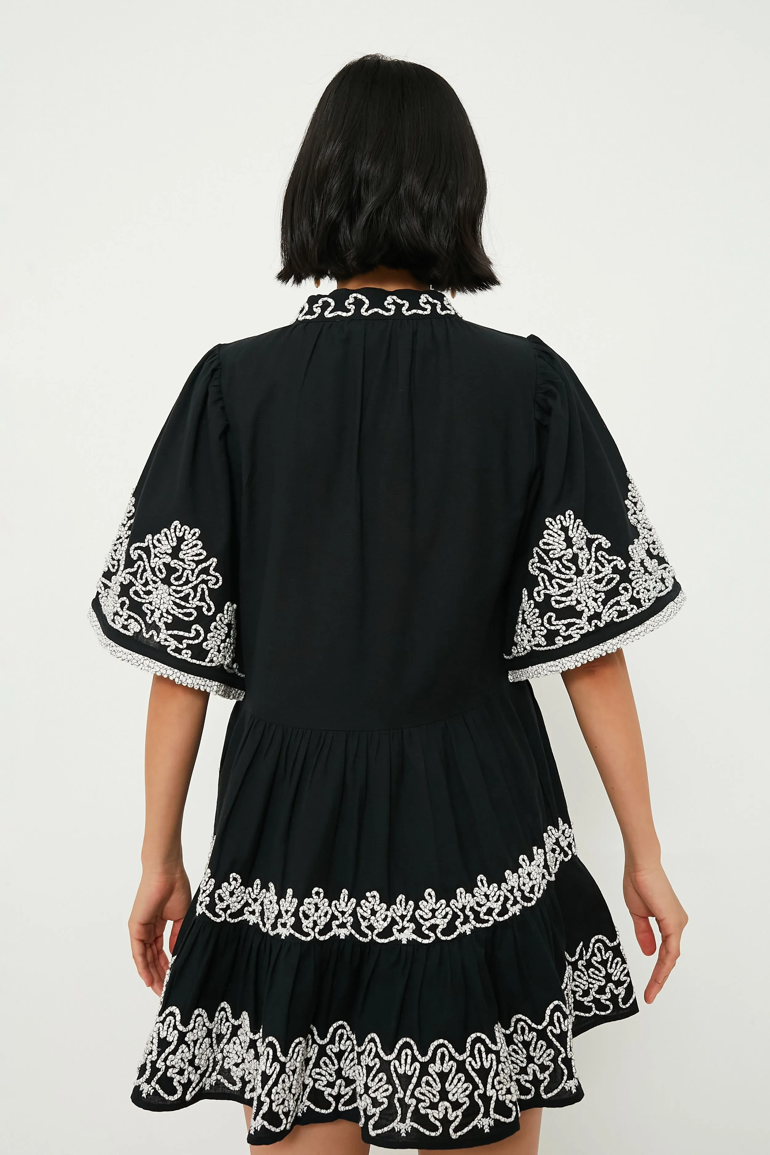 Black Cordera Embroidery Short Sleeve Tiered Dress