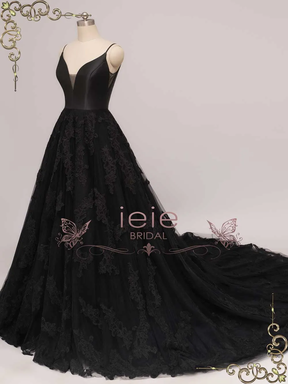 Black Lace Wedding Dress with V Neckline DUSTIN