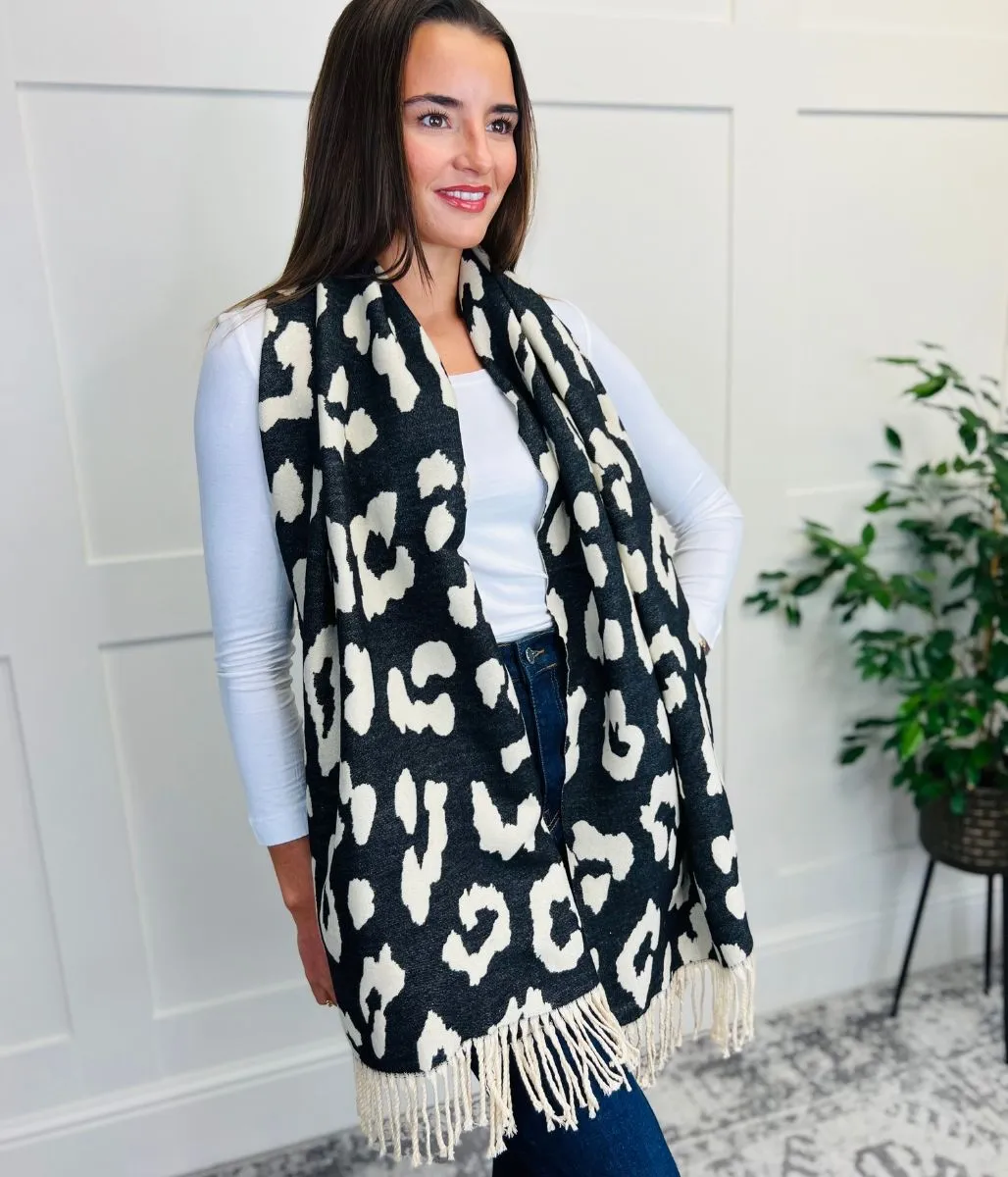 Black Leopard Print Cashmere Blend Scarf