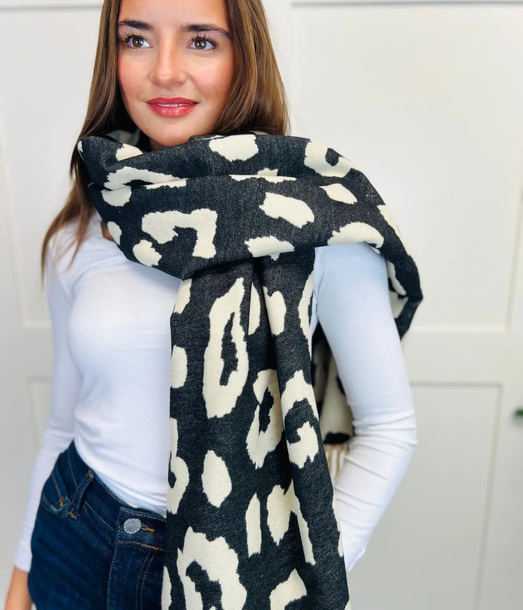 Black Leopard Print Cashmere Blend Scarf