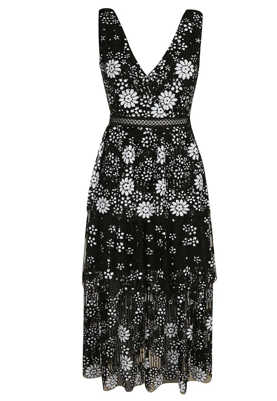 Black Starlet Deco V-neck Sequins Tiered Midi Dress (UK 4)