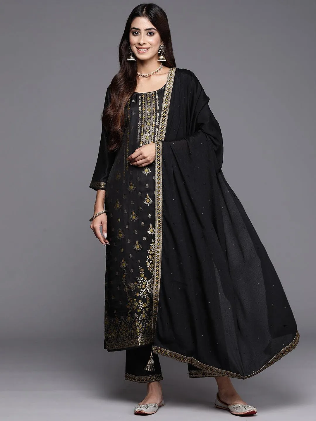 Black Woven Design Silk Blend Straight Suit With Dupatta