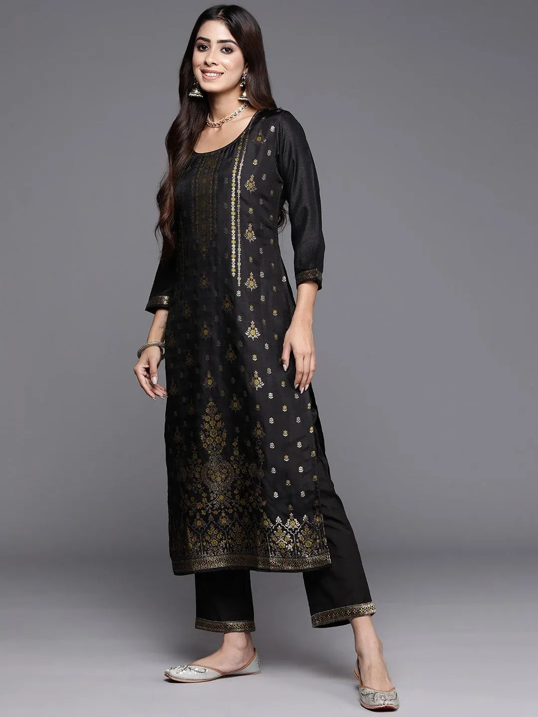 Black Woven Design Silk Blend Straight Suit With Dupatta