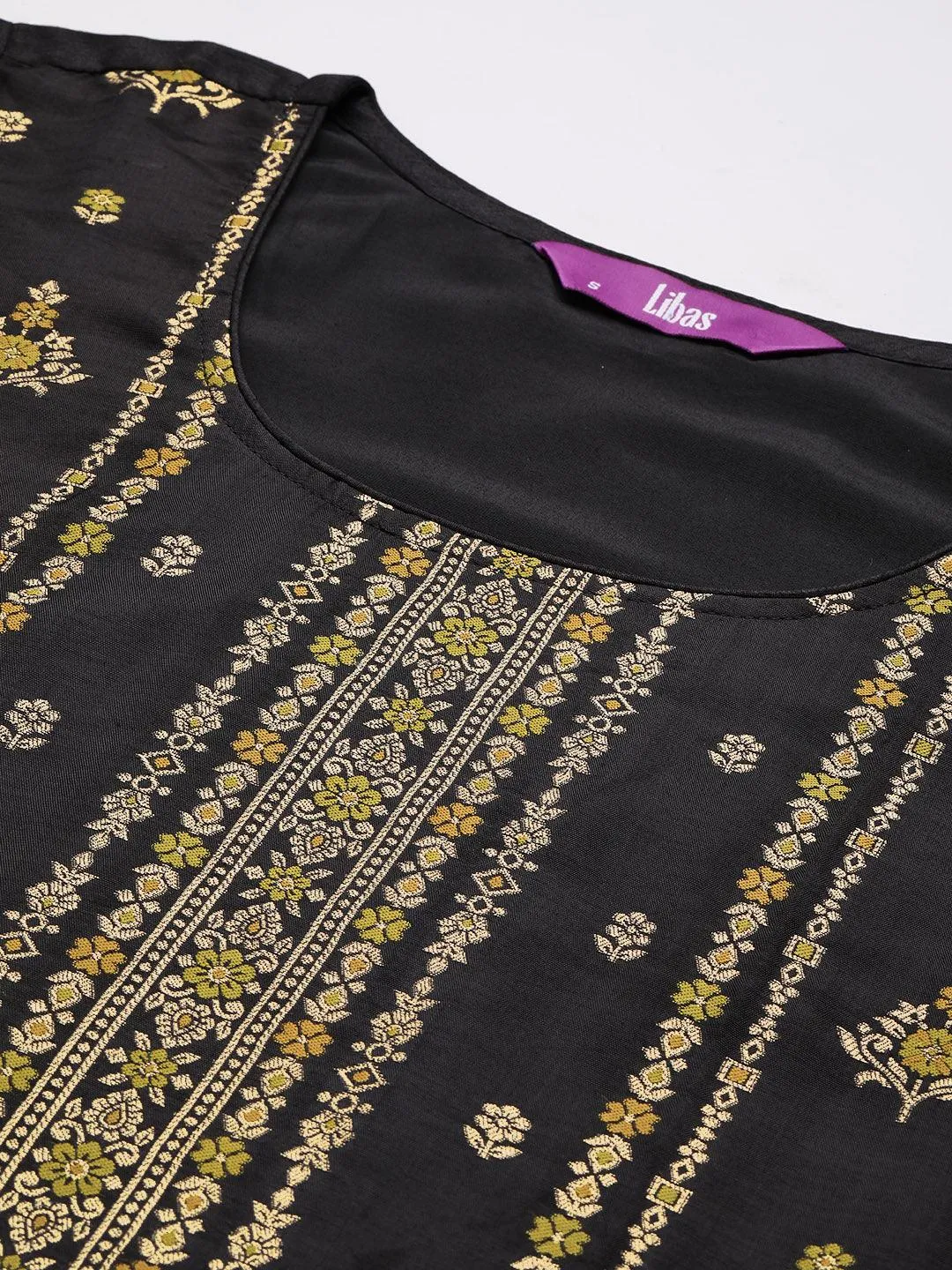 Black Woven Design Silk Blend Straight Suit With Dupatta