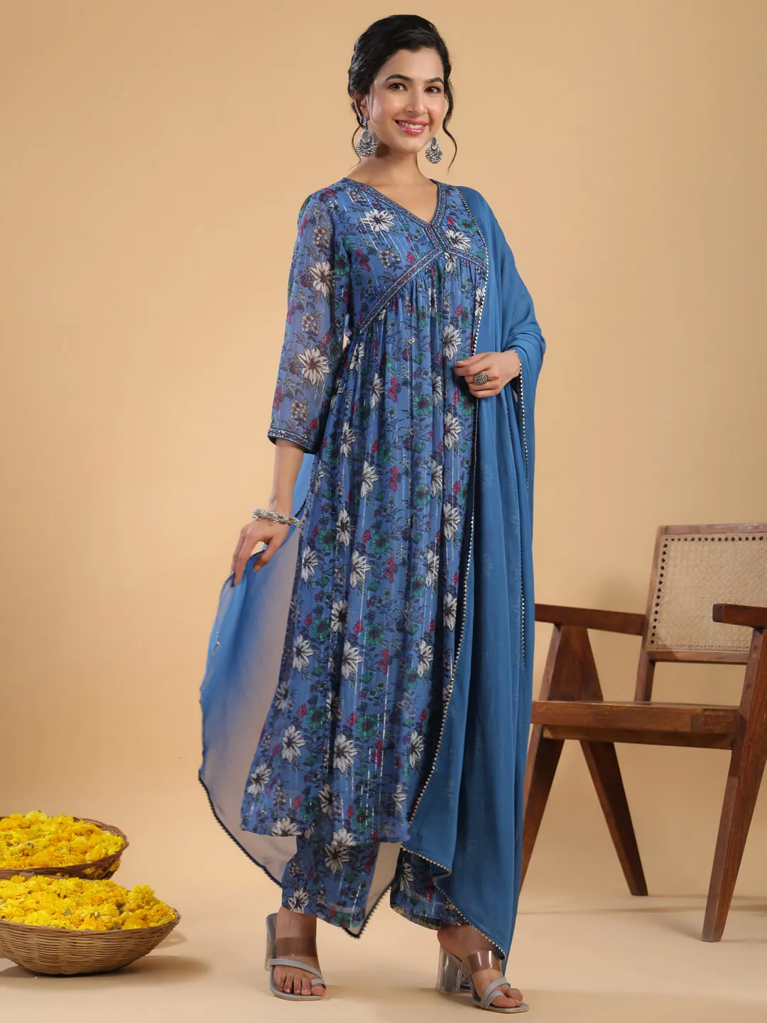 Blue Lurex Chiffon Floral Gathered Kurta Pant Set