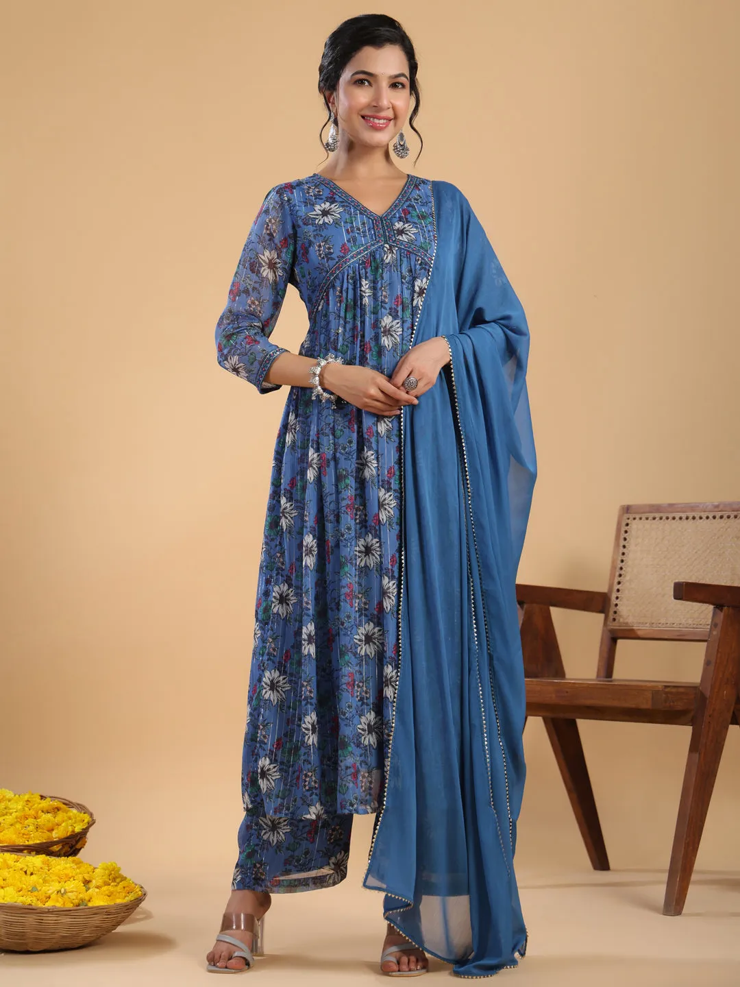 Blue Lurex Chiffon Floral Gathered Kurta Pant Set