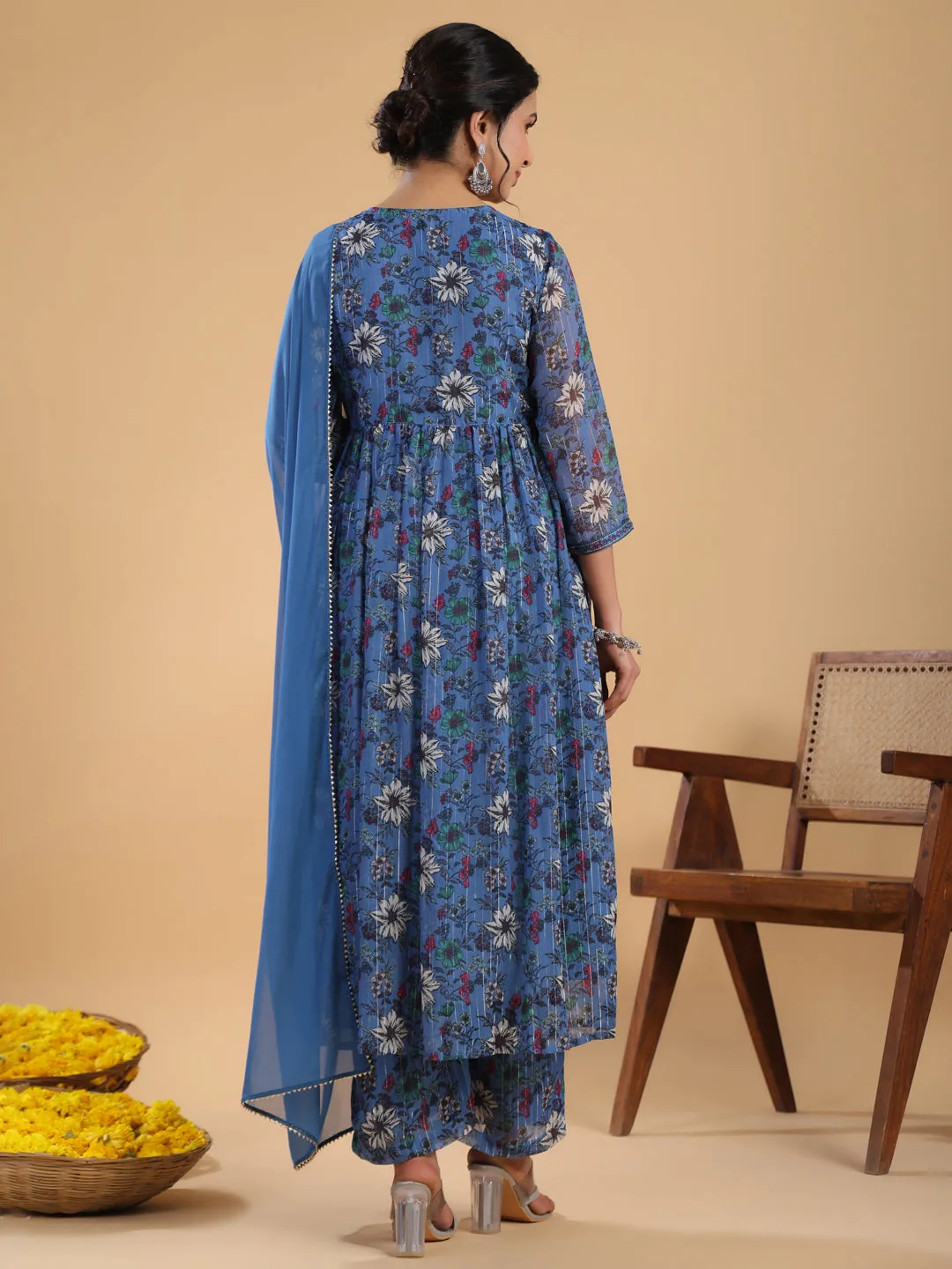 Blue Lurex Chiffon Floral Gathered Kurta Pant Set