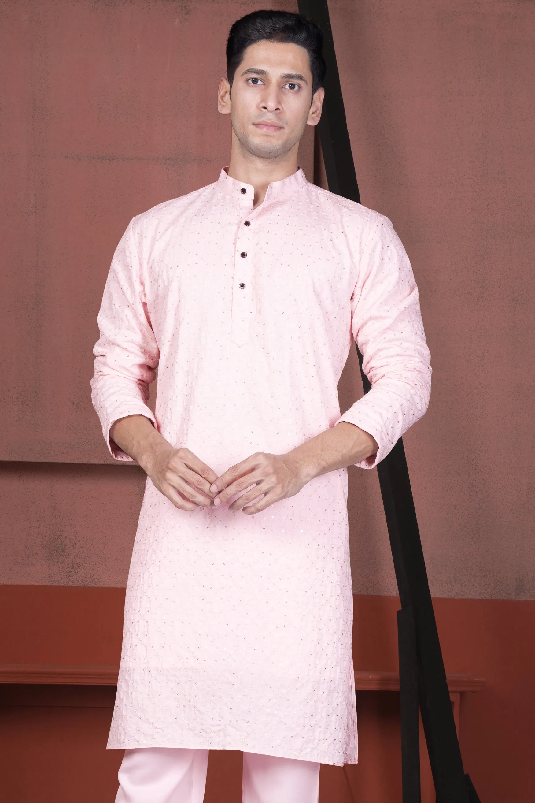 Blush Peach Viscose Embroidered With Tikki Work Designer Kurta