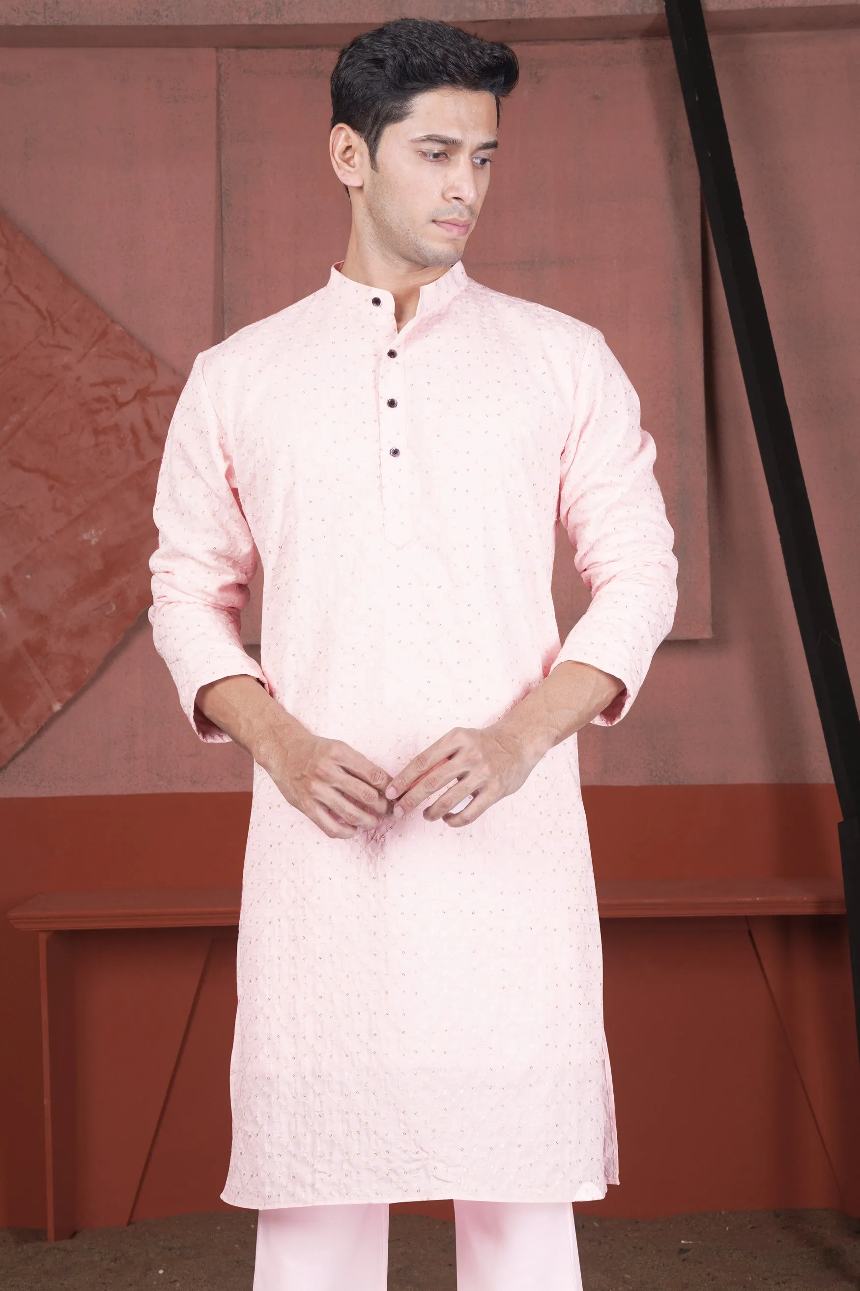 Blush Peach Viscose Embroidered With Tikki Work Designer Kurta