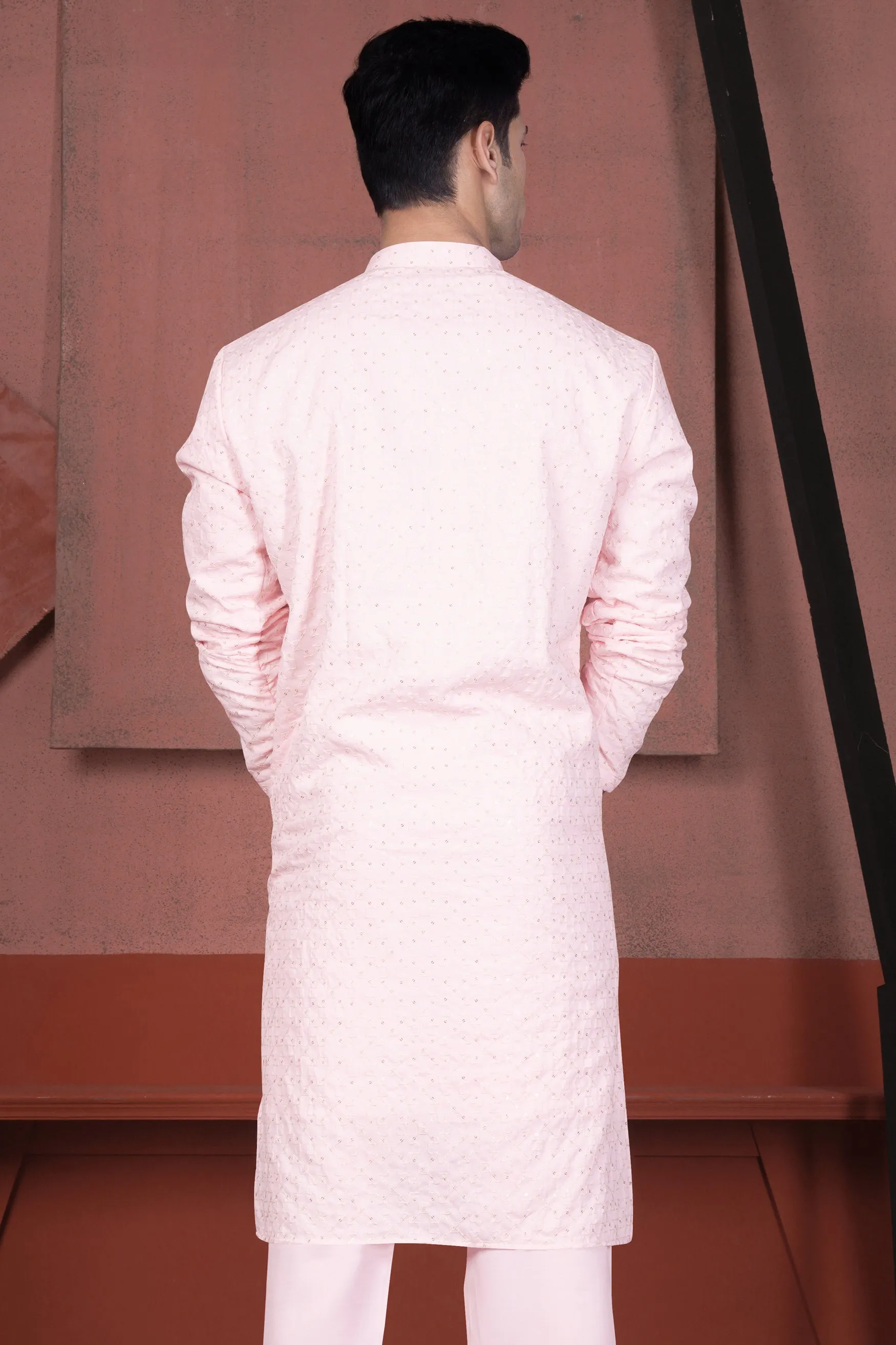 Blush Peach Viscose Embroidered With Tikki Work Designer Kurta