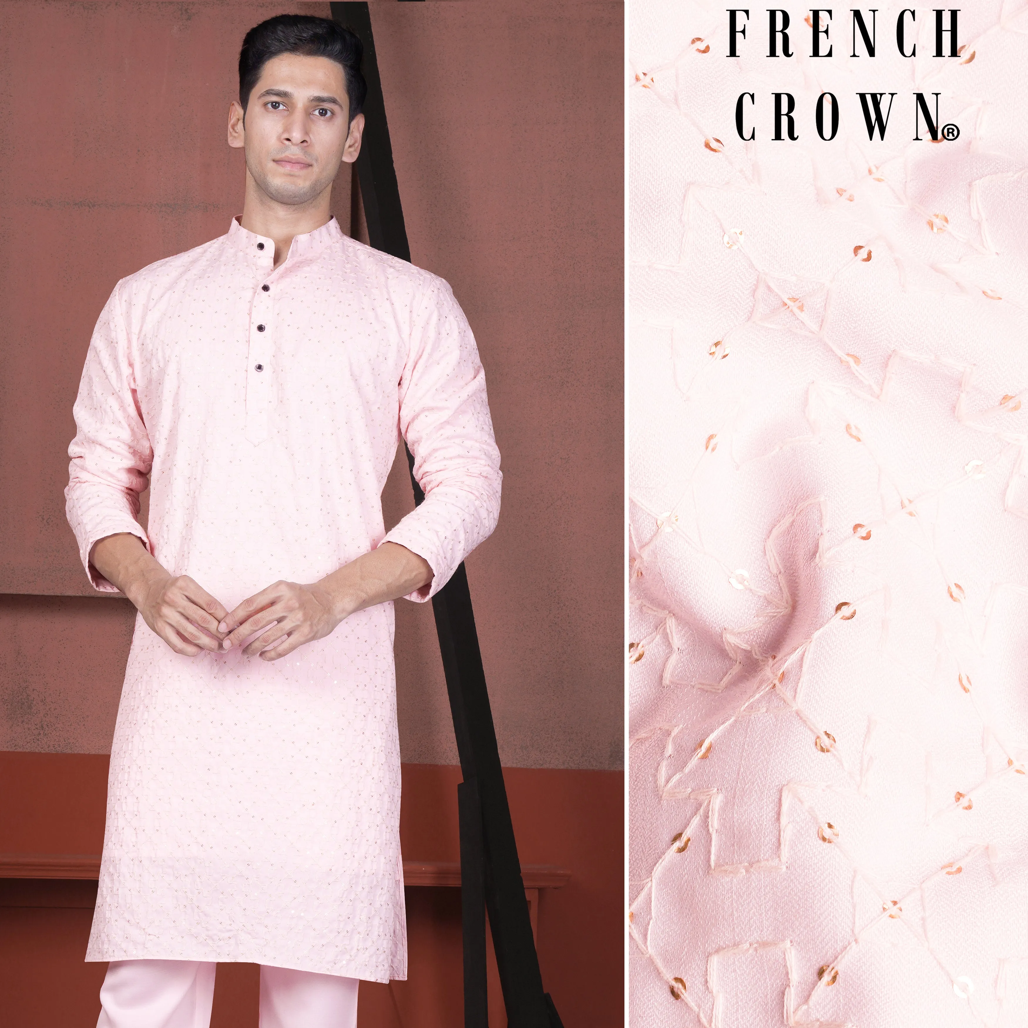 Blush Peach Viscose Embroidered With Tikki Work Designer Kurta