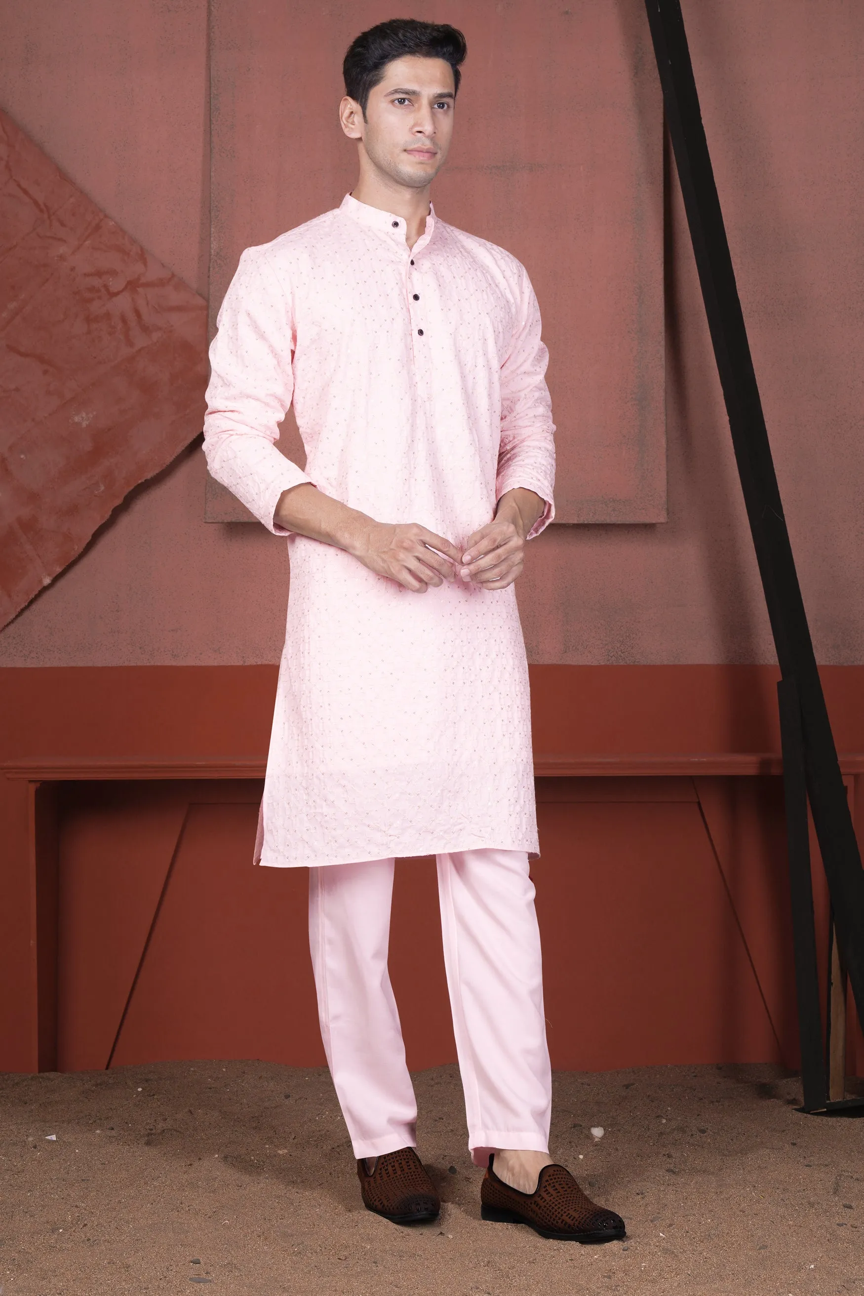 Blush Peach Viscose Embroidered With Tikki Work Designer Kurta