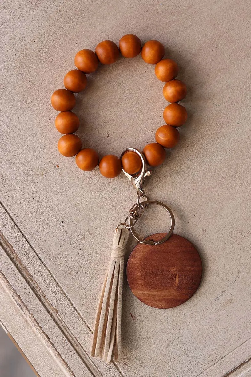 Brown Wood Beads Bracelet Tassel Keyring