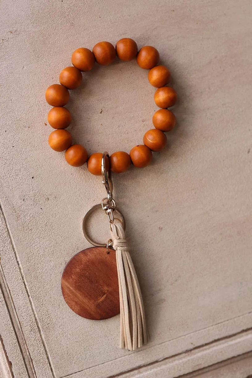 Brown Wood Beads Bracelet Tassel Keyring