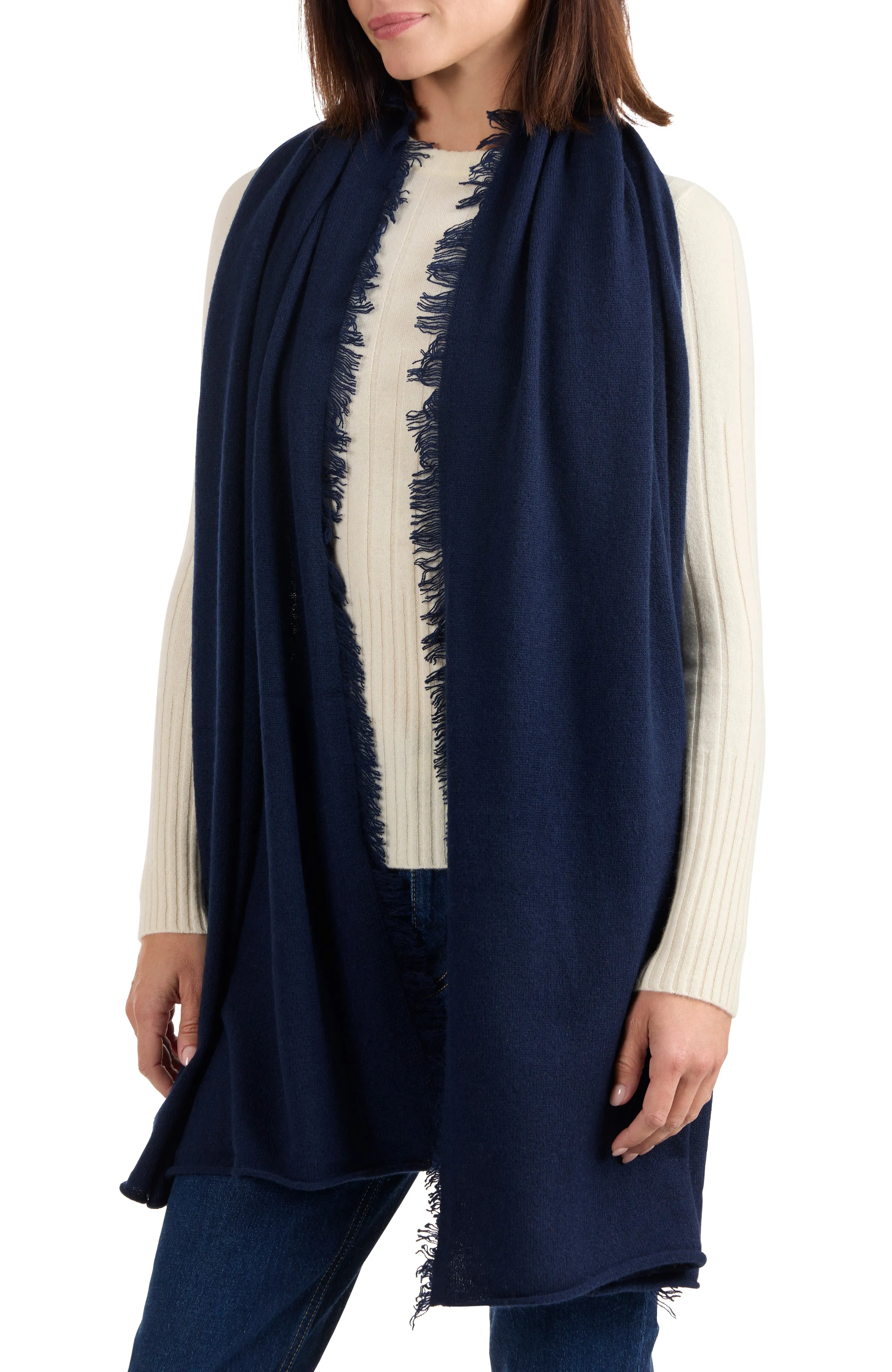 CASHMERE JERSEY WRAP WITH FRINGE