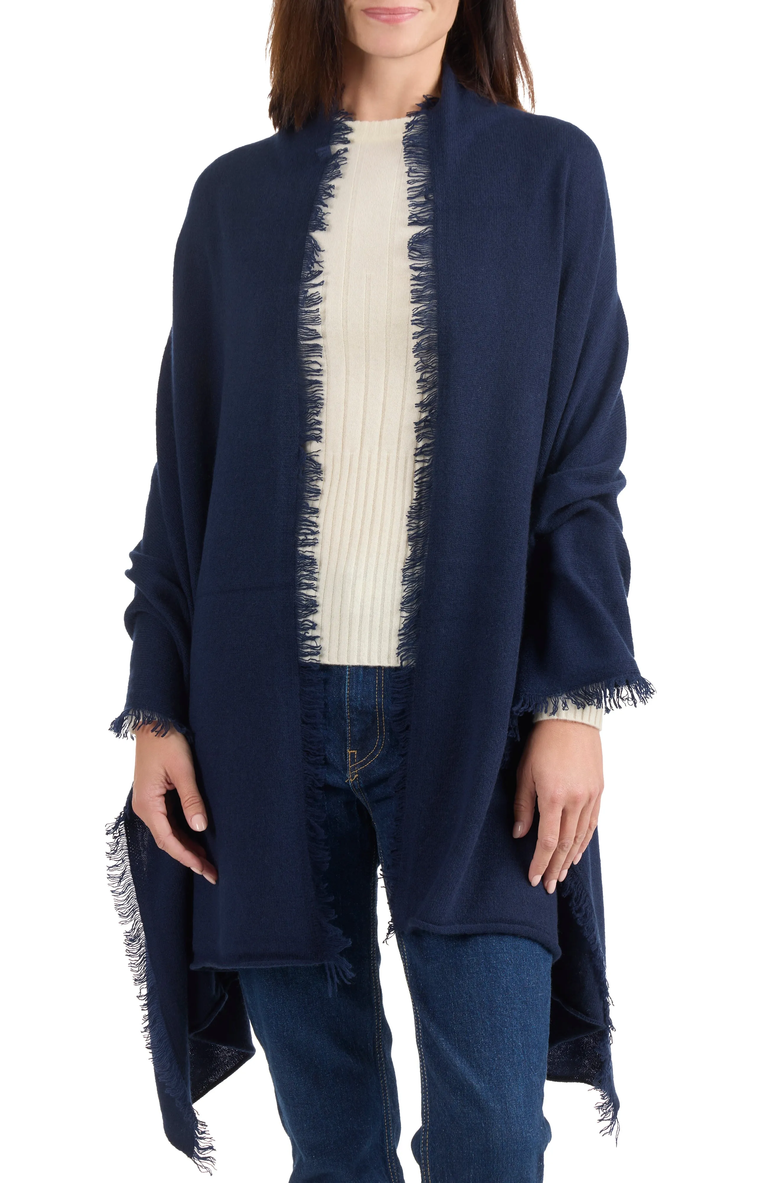 CASHMERE JERSEY WRAP WITH FRINGE