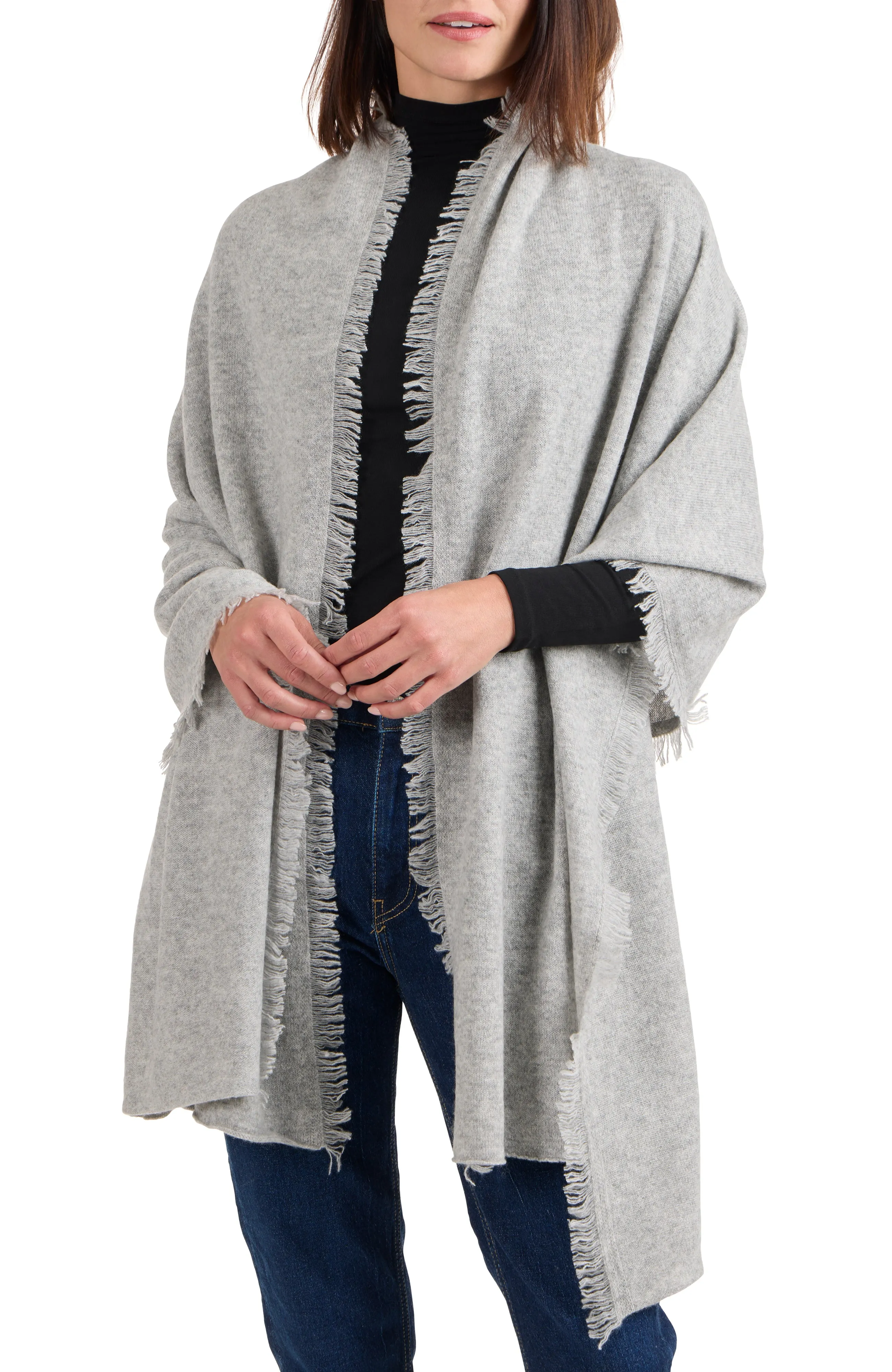 CASHMERE JERSEY WRAP WITH FRINGE