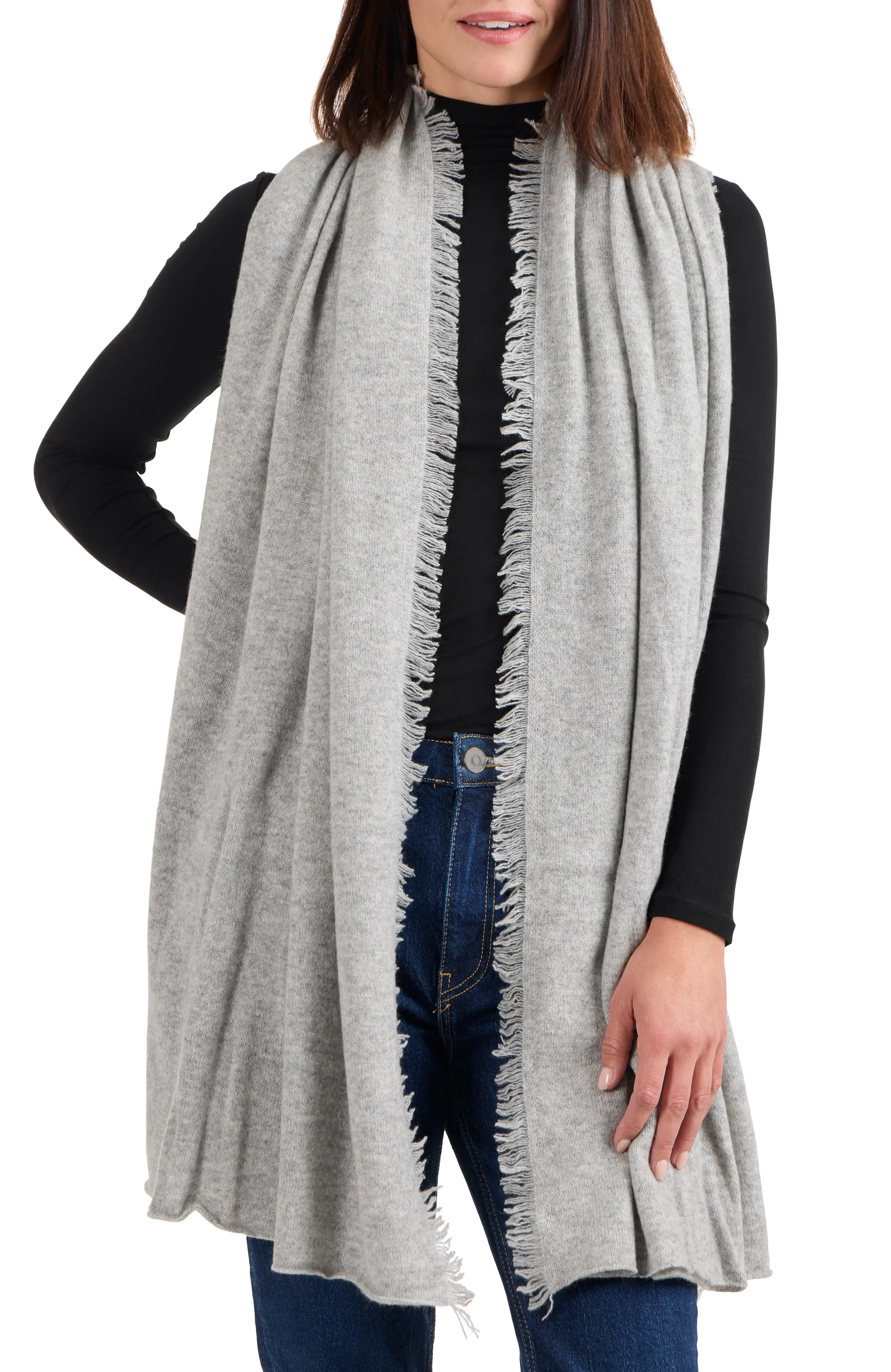 CASHMERE JERSEY WRAP WITH FRINGE