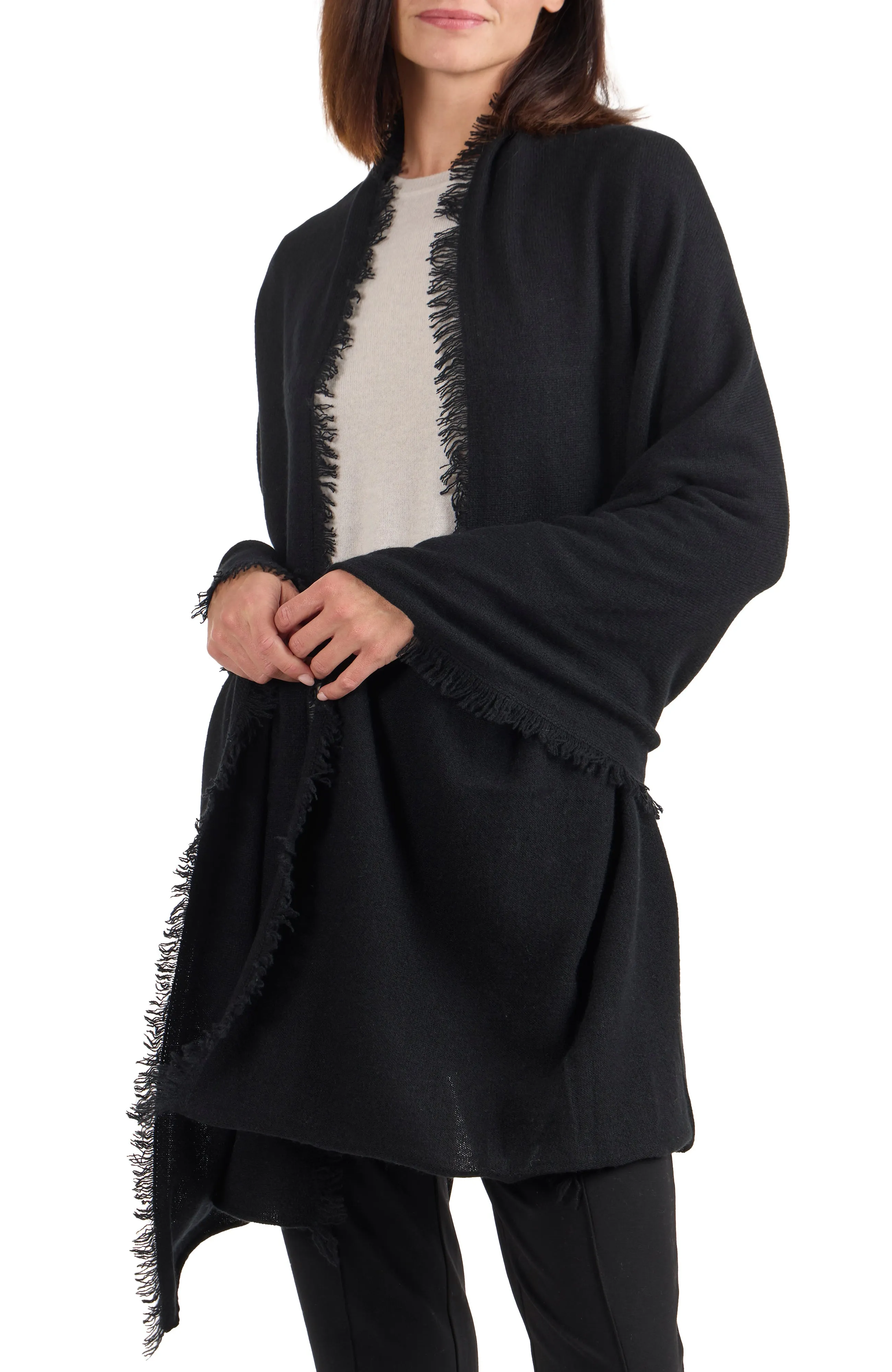 CASHMERE JERSEY WRAP WITH FRINGE