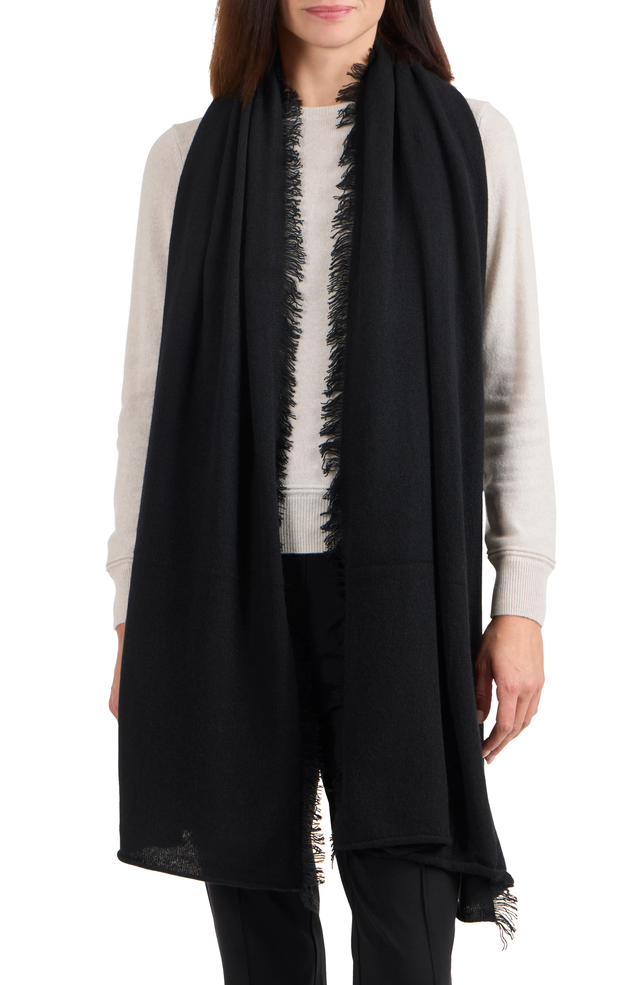 CASHMERE JERSEY WRAP WITH FRINGE