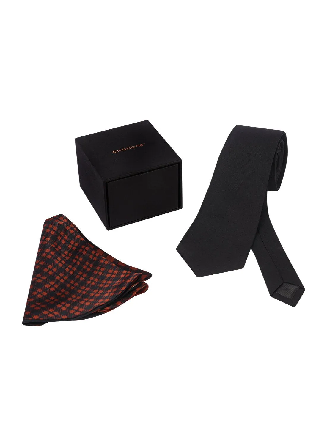 Chokore Black color Plain Silk Tie & Double-sided Brick Red & Black Silk Pocket Circle set