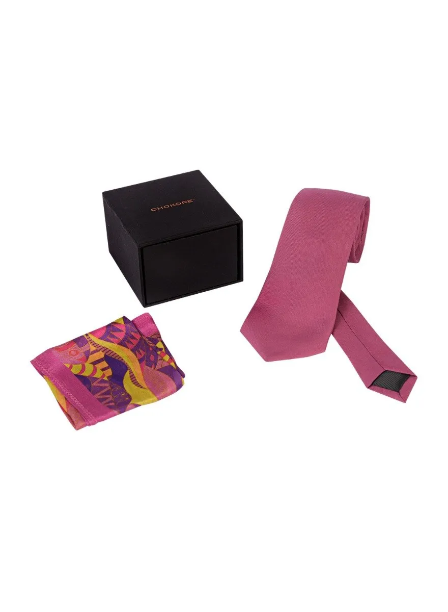 Chokore Pink color silk tie & Magenta & Orange Pure Silk Pocket Square set