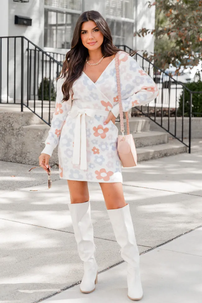 Crisp Fall Cream Multi Floral Belted Sweater Mini Dress FINAL SALE