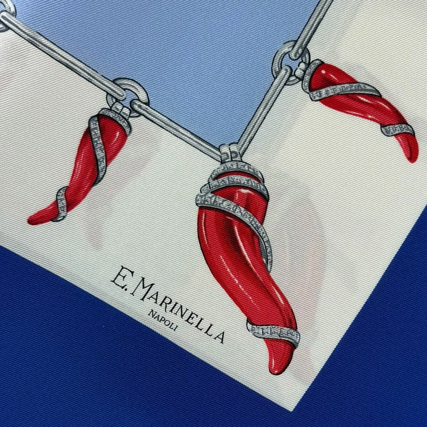 E. Marinella Scarf Royal Blue with Red Lucky Horn & Pulcinella Mask - Twill Silk Foulard SALE