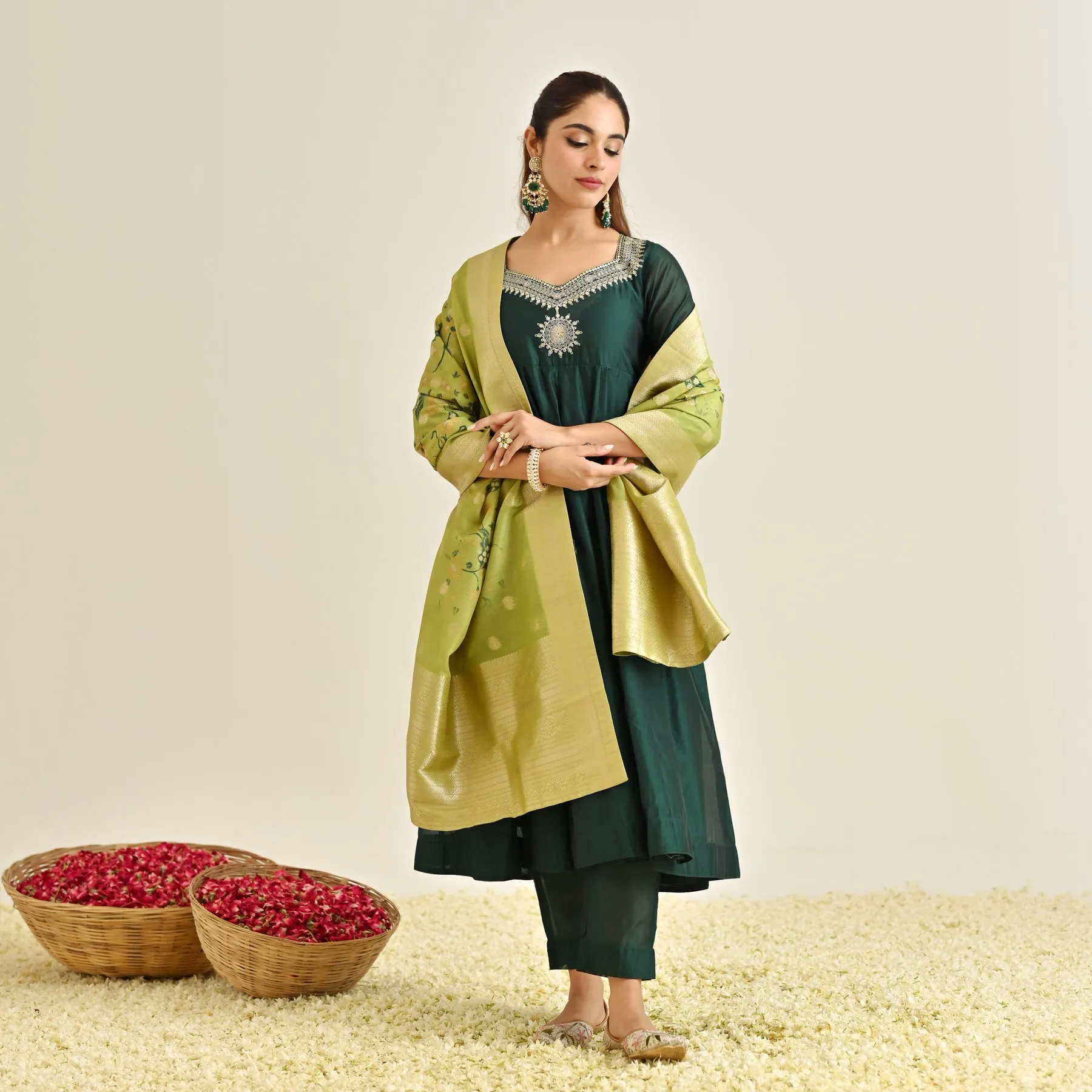 Emerald Green Festive Anarkali Set with Brocade Dupatta