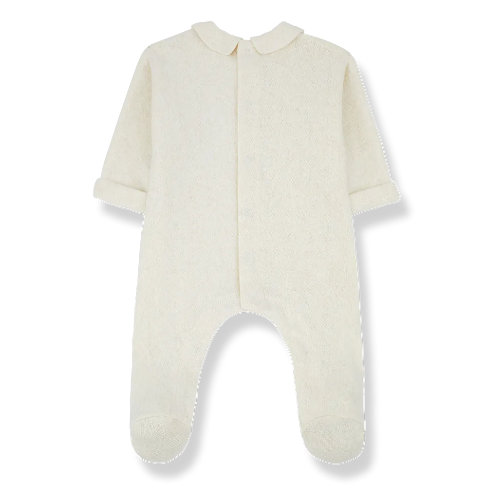 footie fleece with linen bib - ecru