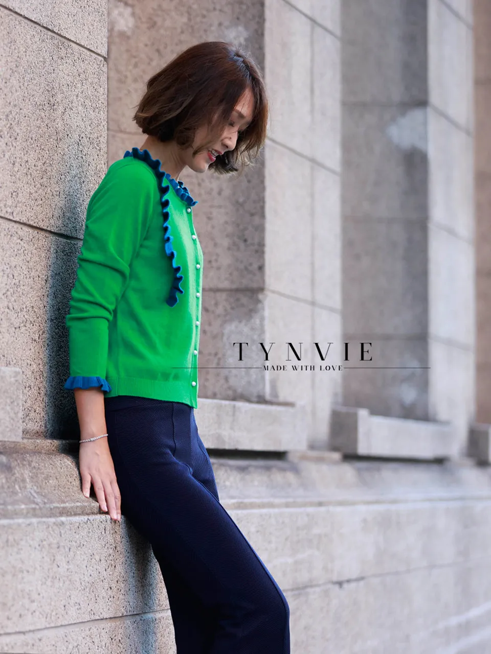 Green/ Blue Contrast Ruffle Cashmere & Wool Cardigan