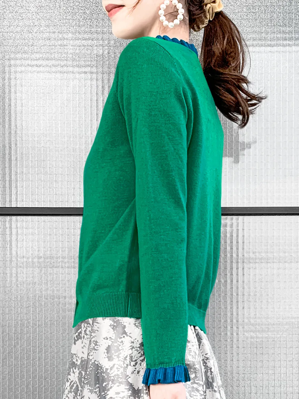 Green/ Blue Contrast Ruffle Cashmere & Wool Cardigan