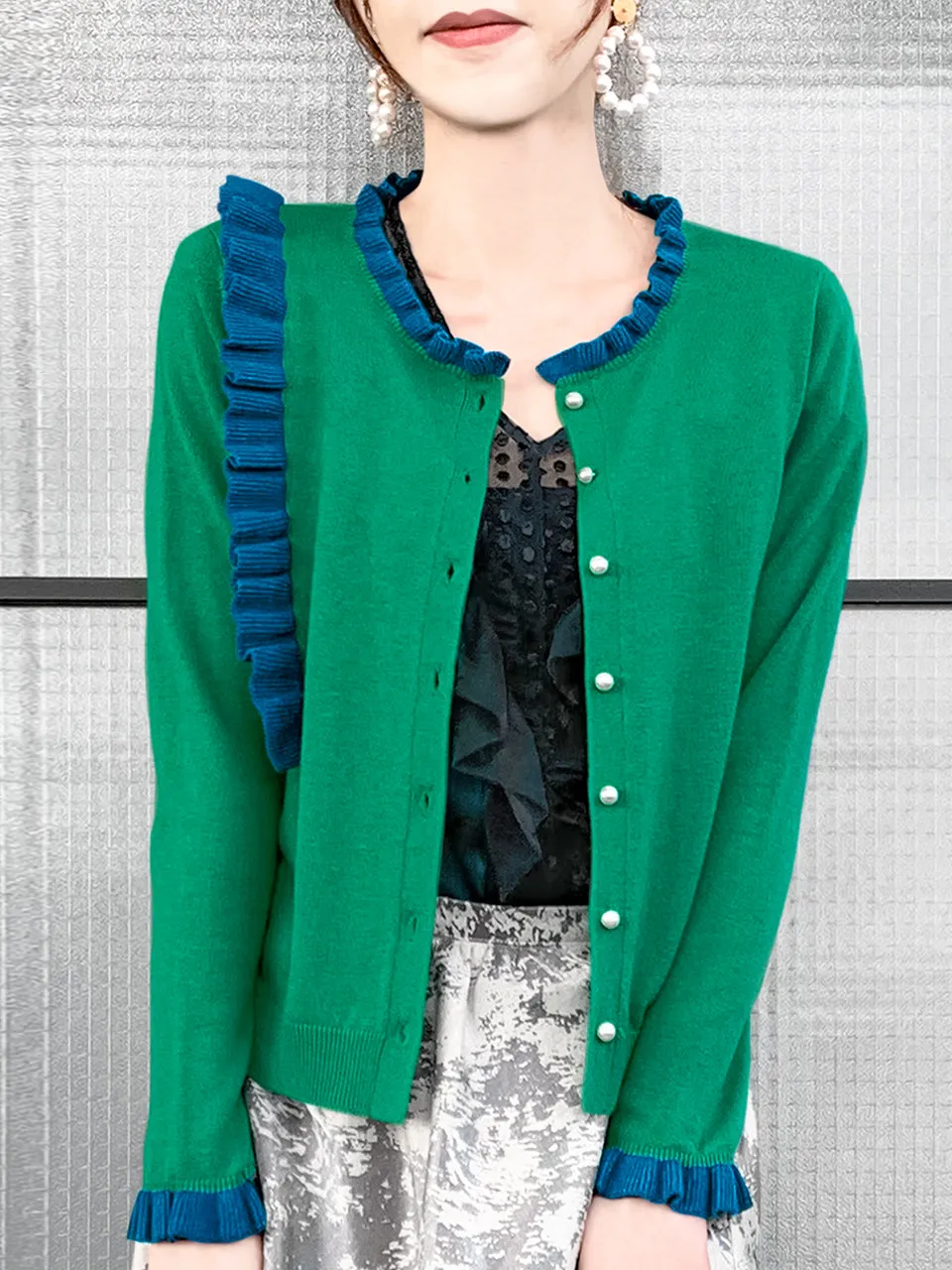 Green/ Blue Contrast Ruffle Cashmere & Wool Cardigan