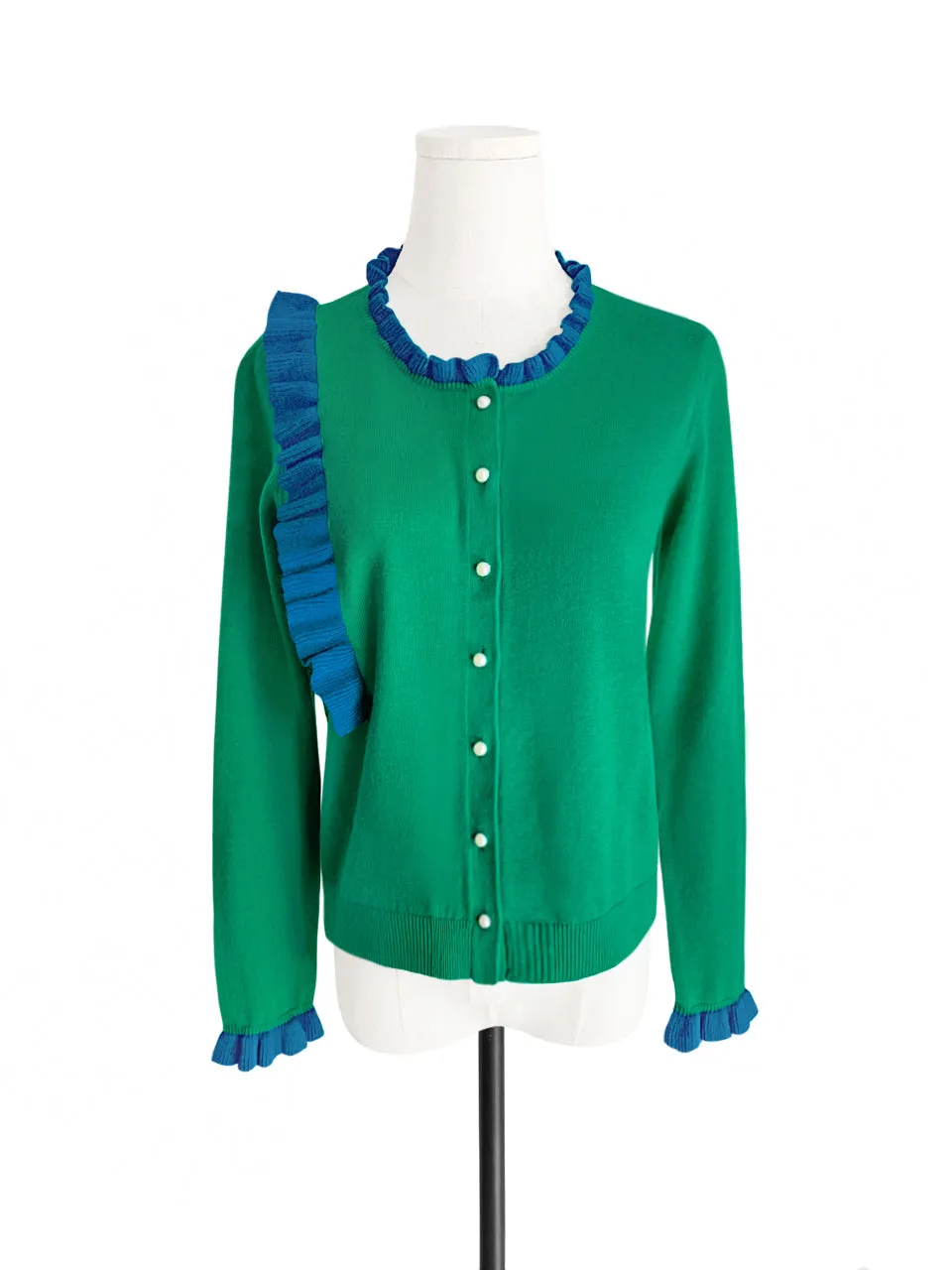 Green/ Blue Contrast Ruffle Cashmere & Wool Cardigan