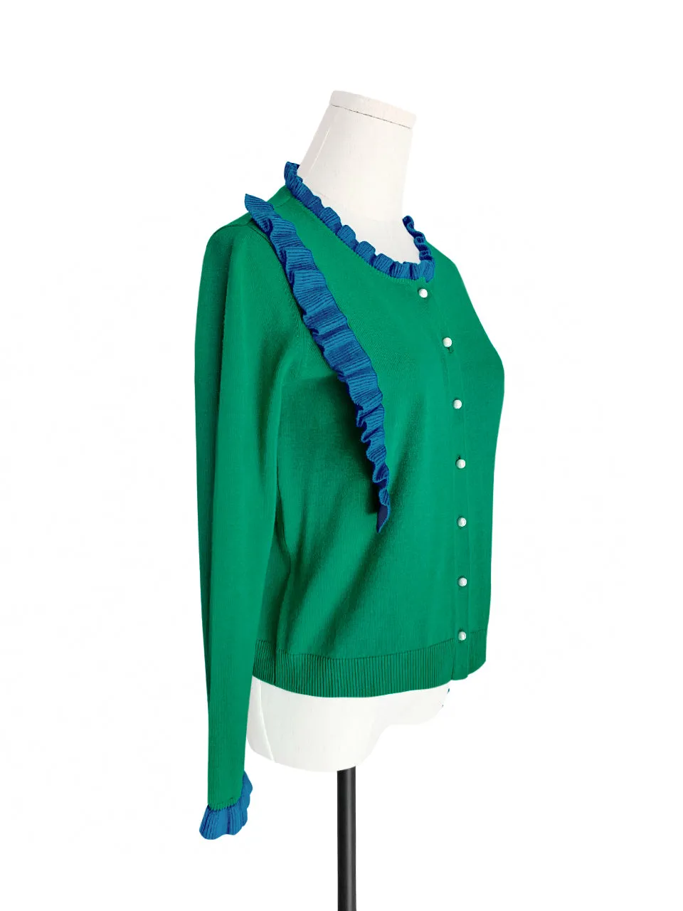 Green/ Blue Contrast Ruffle Cashmere & Wool Cardigan