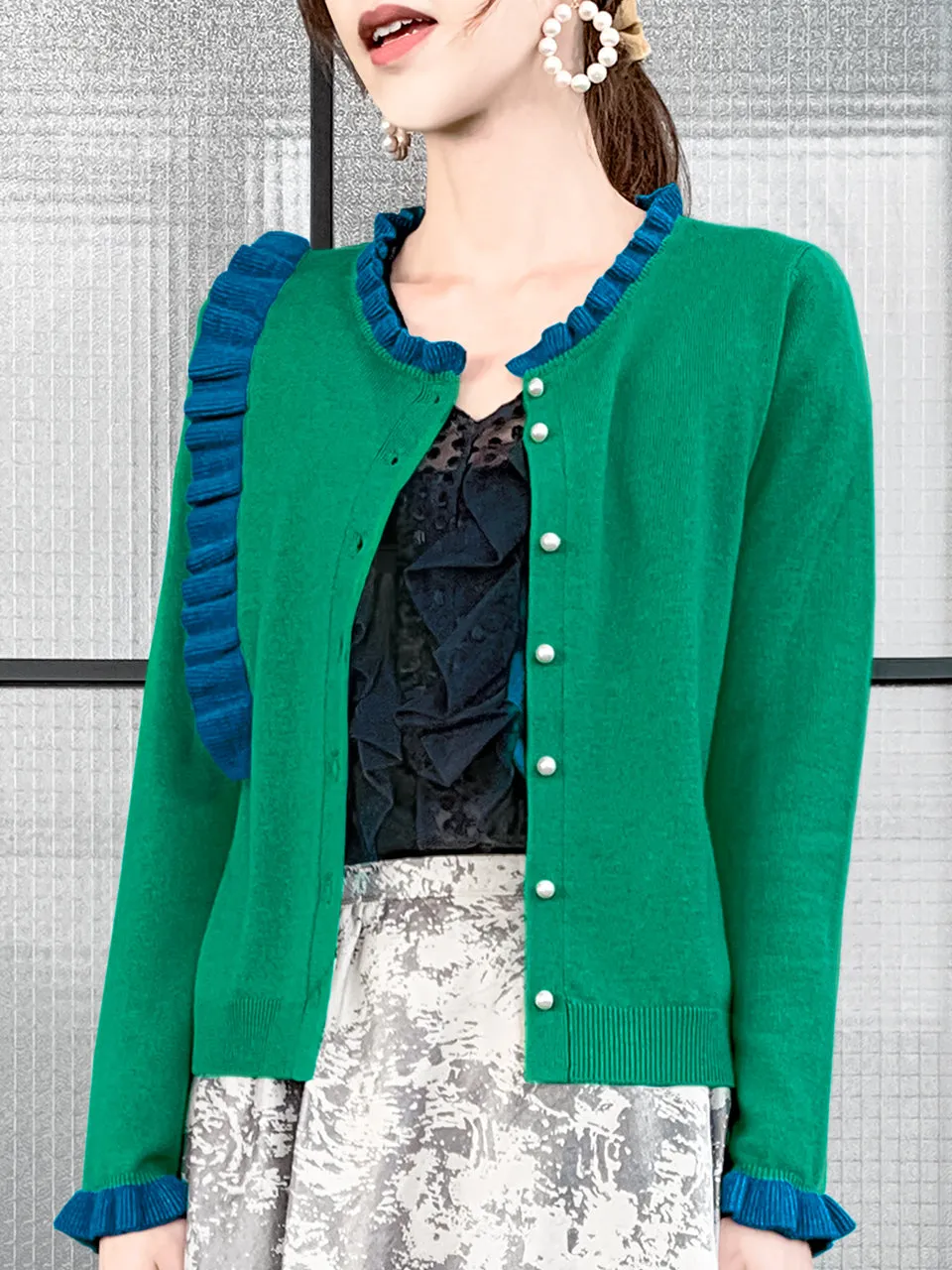 Green/ Blue Contrast Ruffle Cashmere & Wool Cardigan