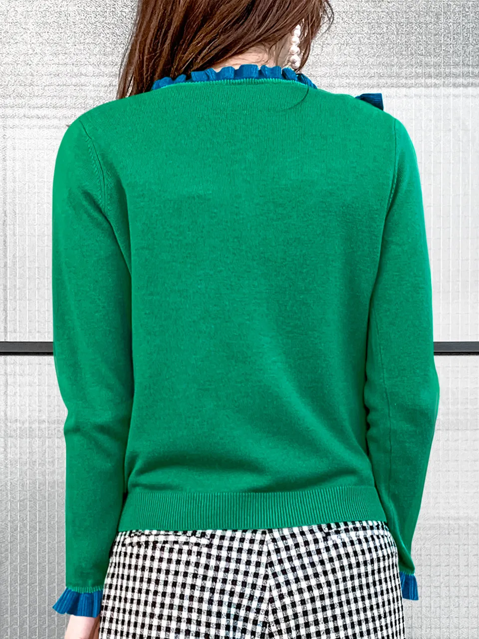 Green/ Blue Contrast Ruffle Cashmere & Wool Cardigan