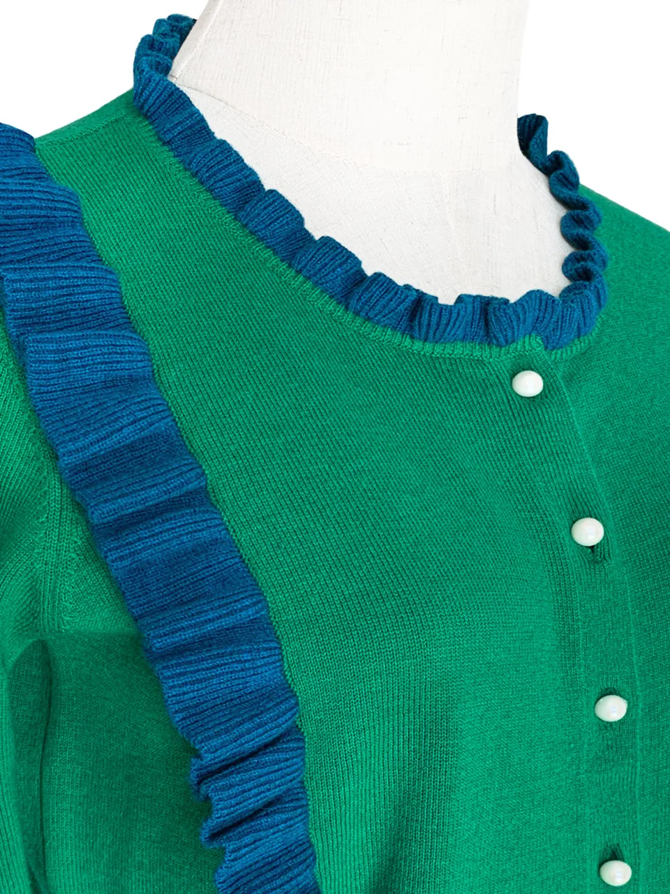 Green/ Blue Contrast Ruffle Cashmere & Wool Cardigan