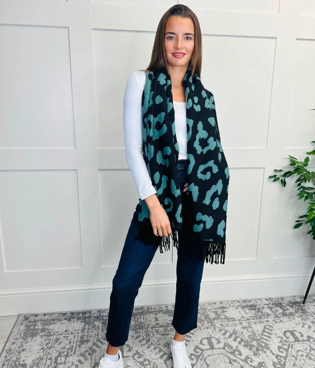 Green Leopard Print Cashmere Blend Scarf