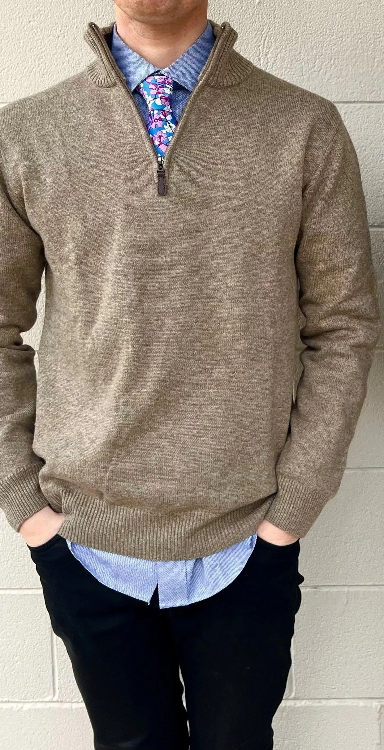 Half Zip Merino Wool/Cashmere Pullover - Pigeon